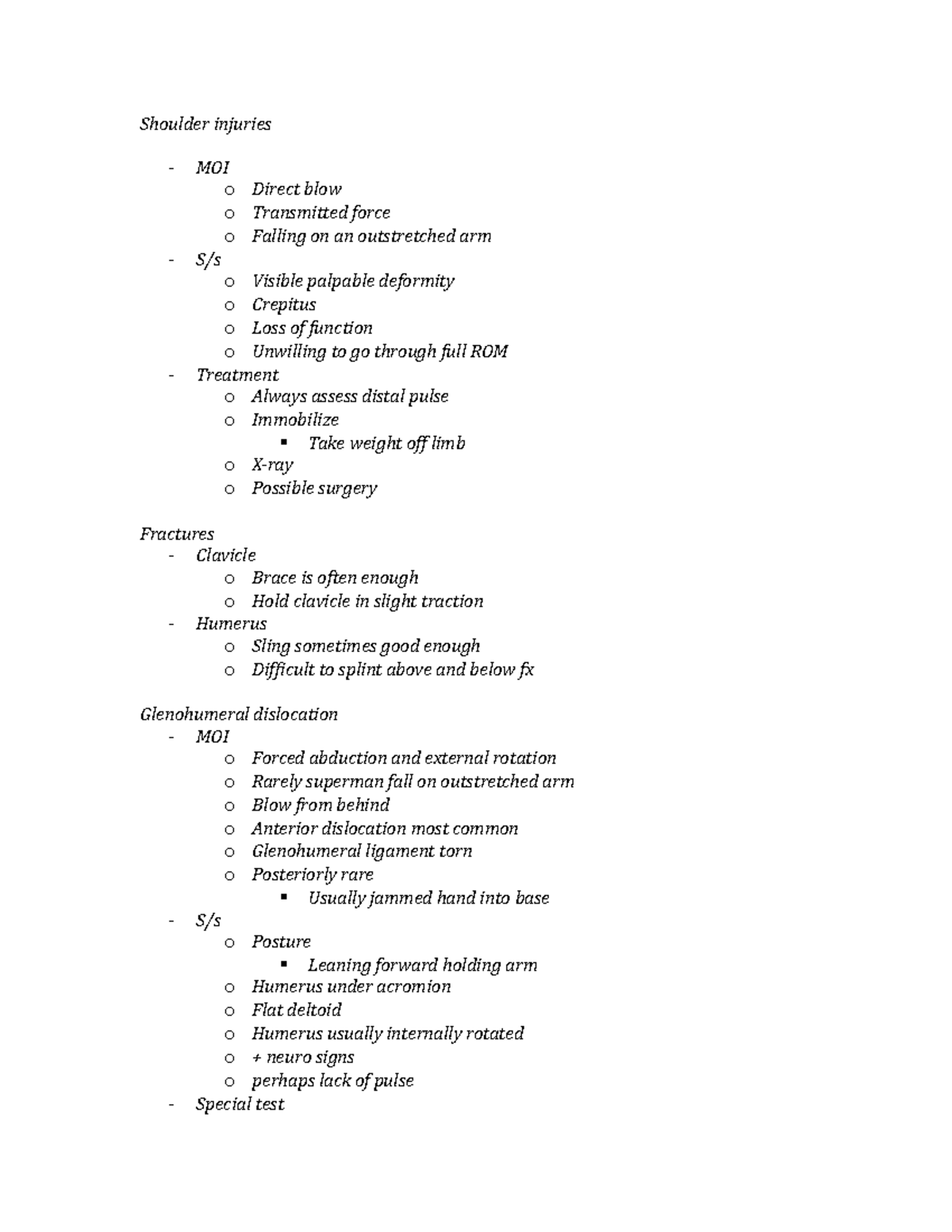 Shoulder injuries - Lecture notes 4 - Shoulder injuries MOI o Direct ...