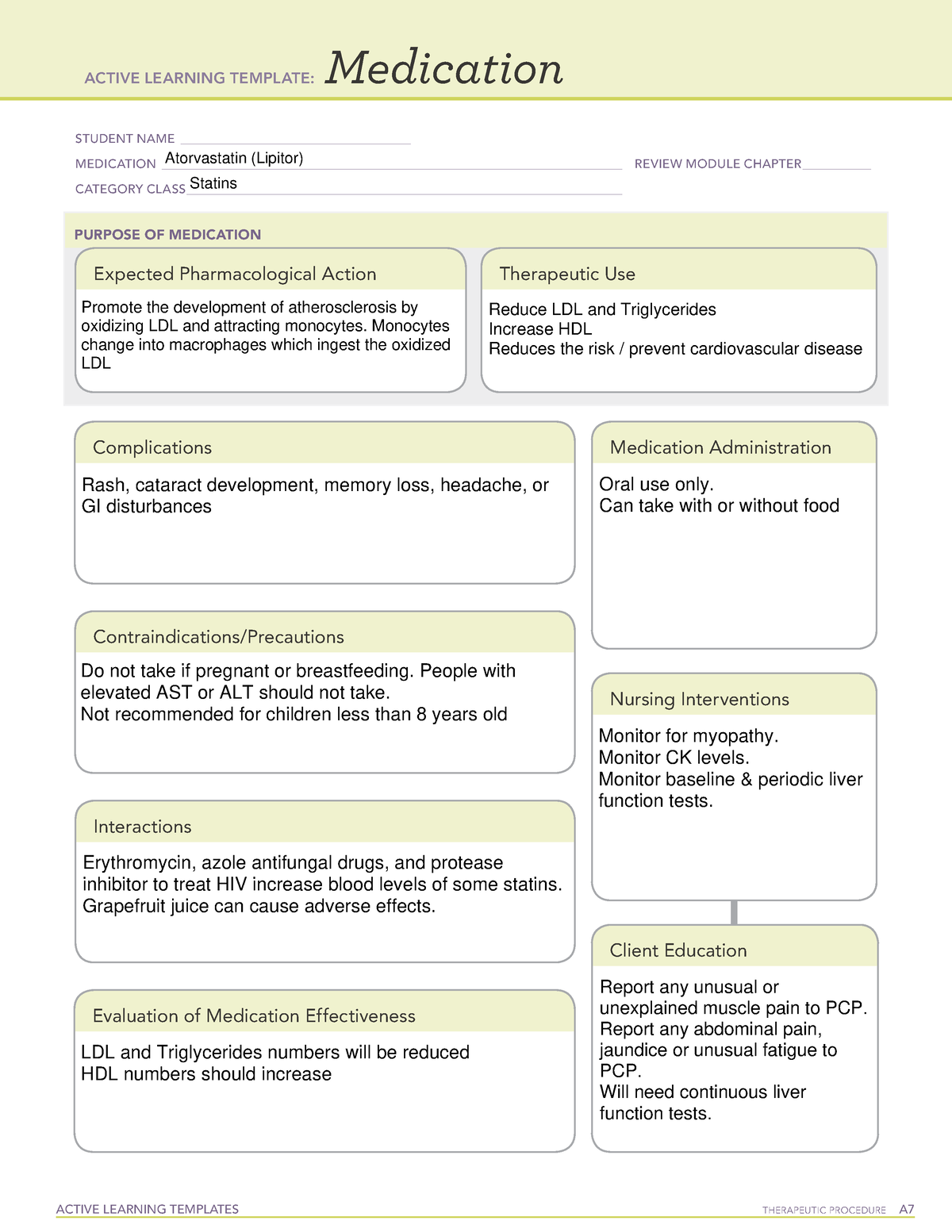 ATI Atrovastatin Lipitor Med Sheet ACTIVE LEARNING TEMPLATES THERAPEUTIC PROCEDURE A