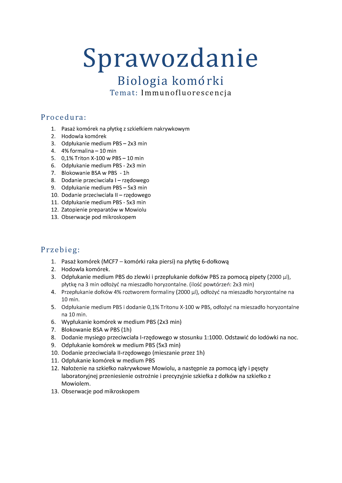 Immunofluorescencja Sprawozdanie Biologia Komo Rki Te M A T I M Mu