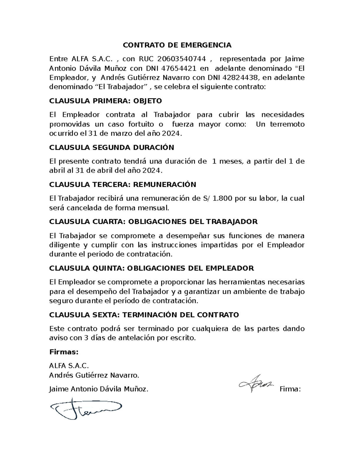 Contrato Accidental DE Emergencia - CONTRATO DE EMERGENCIA Entre ALFA S ...