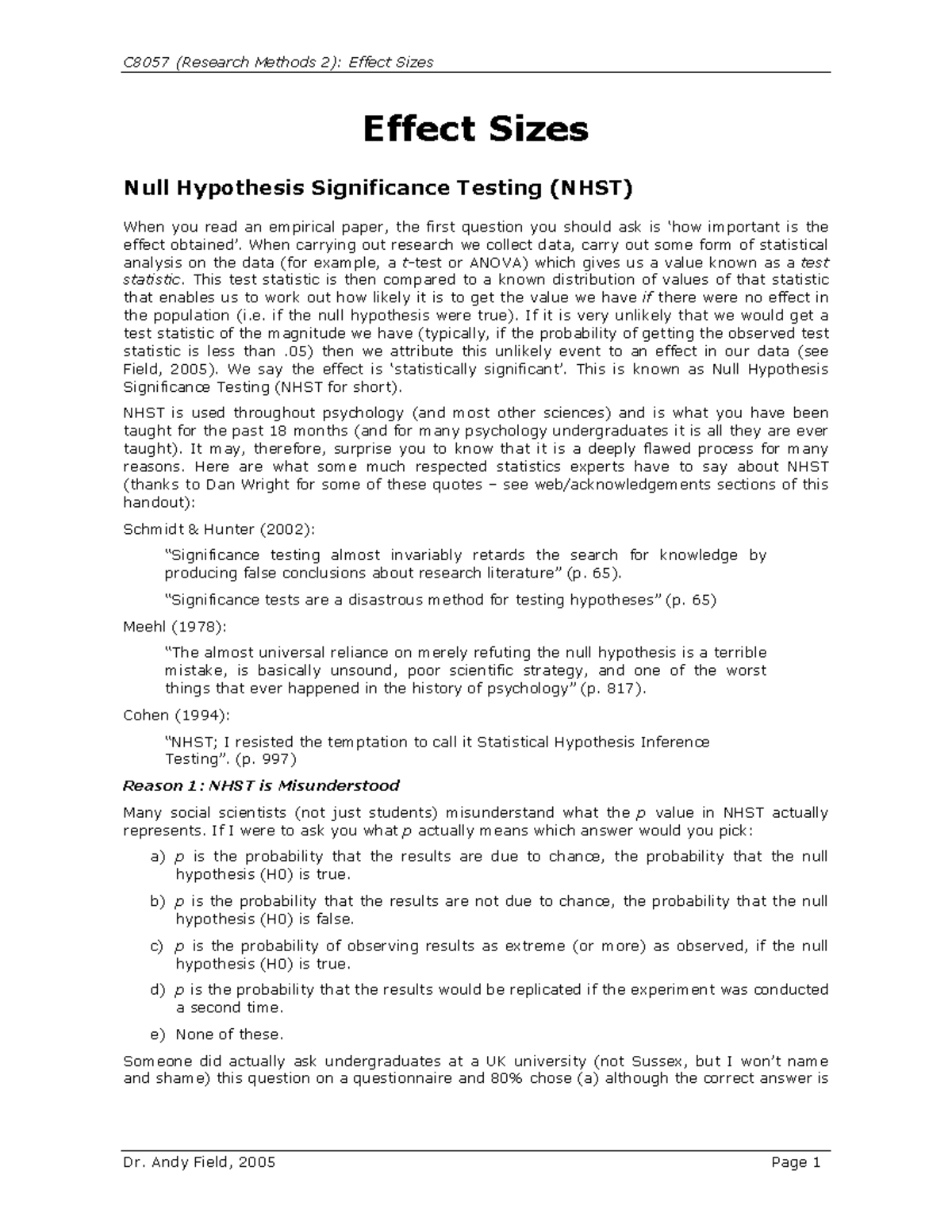Effectsizes - summary - Effect Sizes Null Hypothesis Significance ...