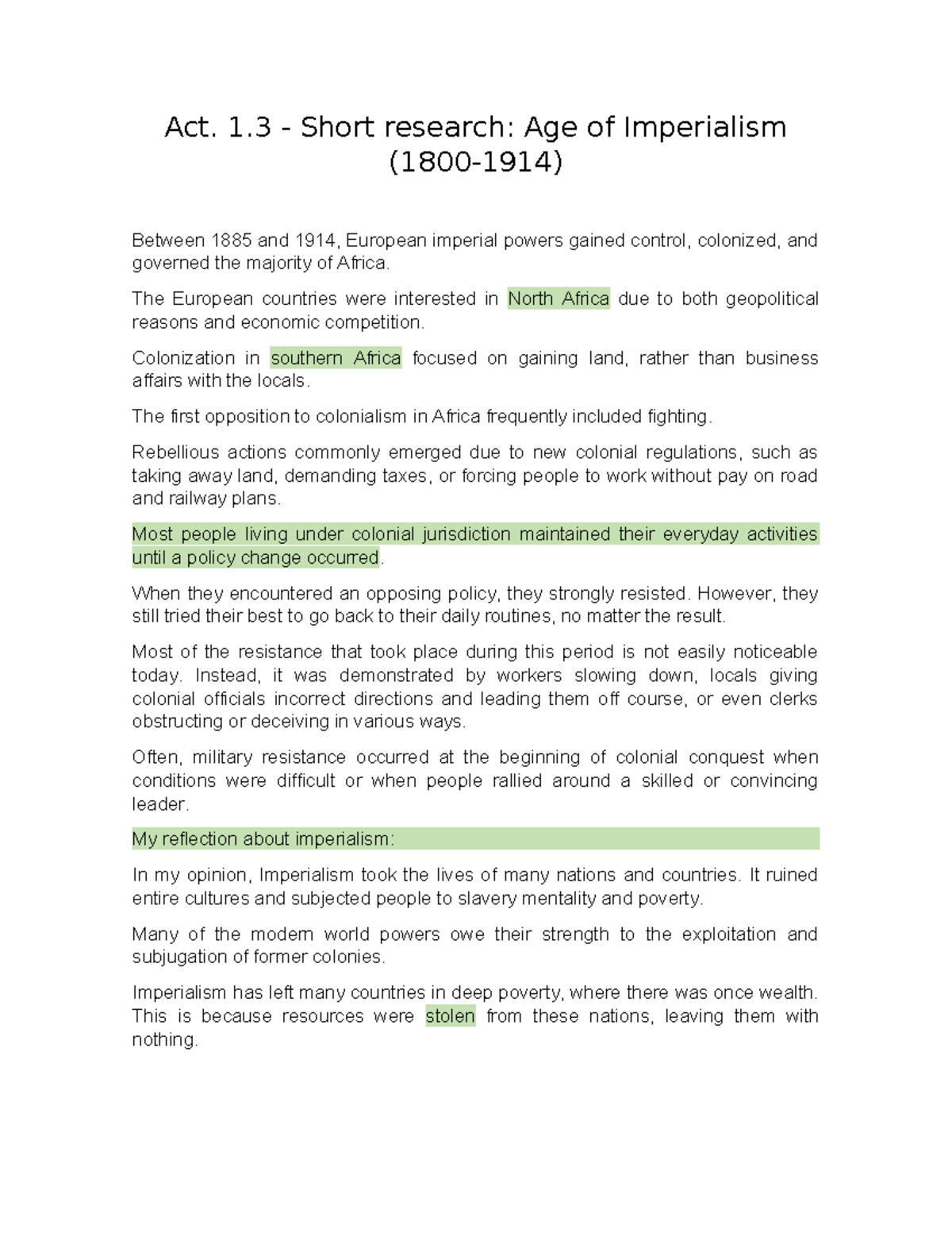 Act. 1.3 Age of Imperialism Act. 1 Short research Age of