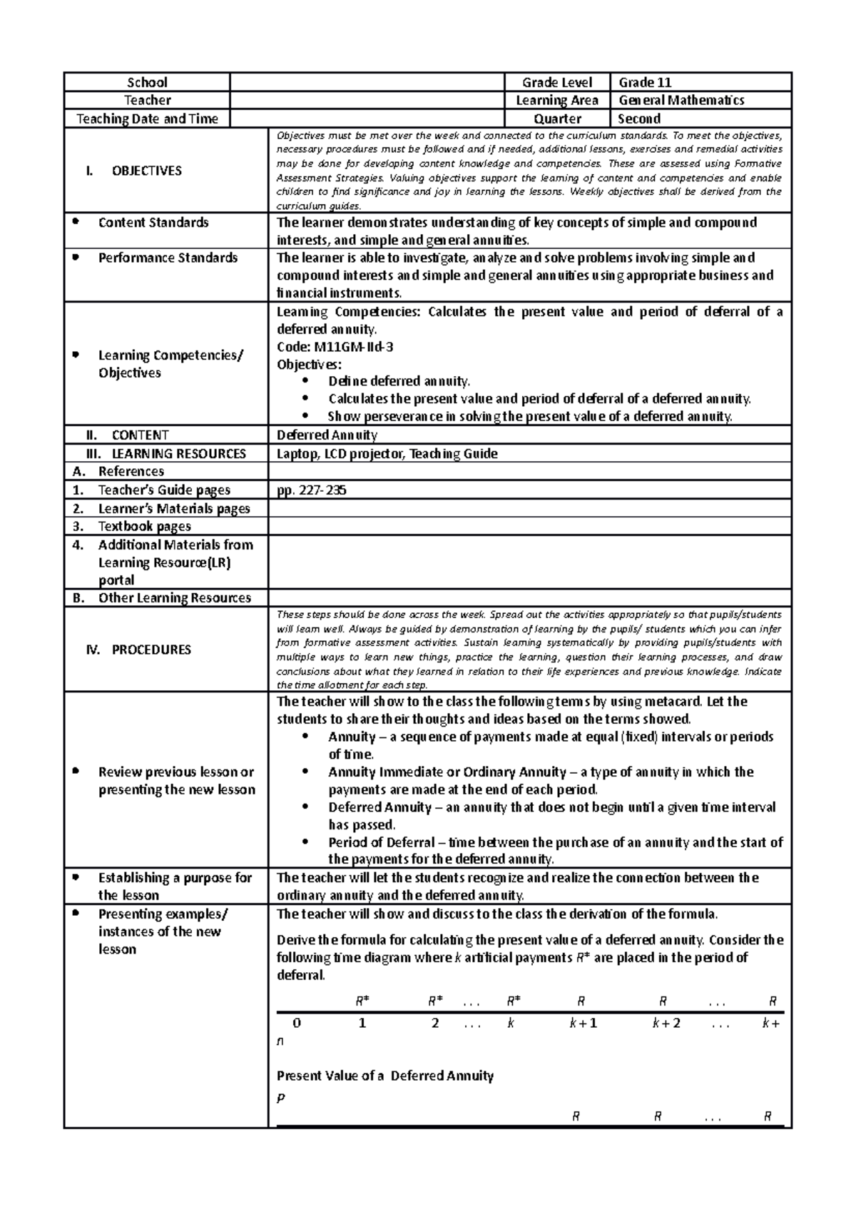 GM II-15 - lesson plan - School Grade Level Grade 11 Teacher Learning ...