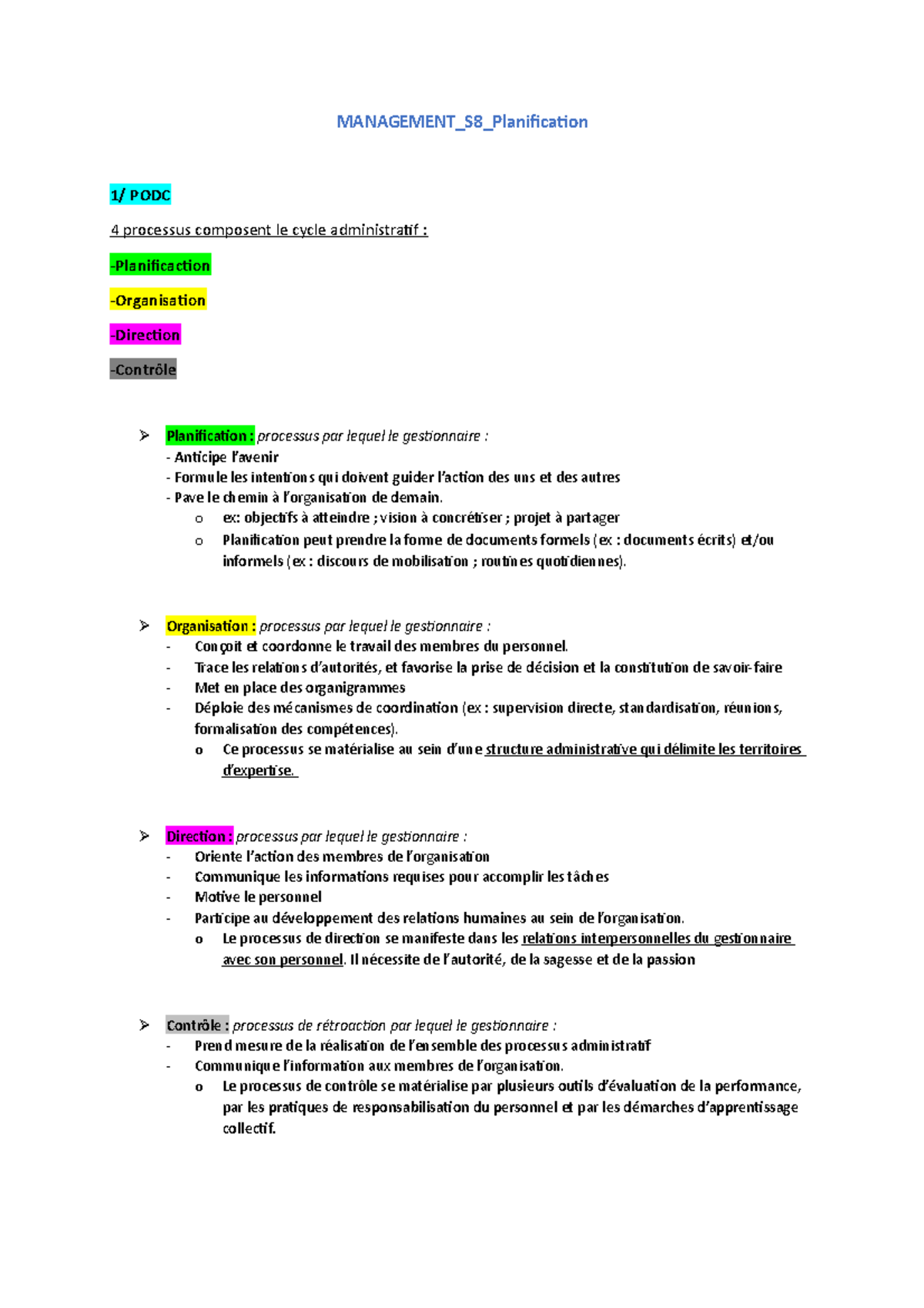Management S8 - MANAGEMENT_S8_Planification 1/ PODC 4 processus ...