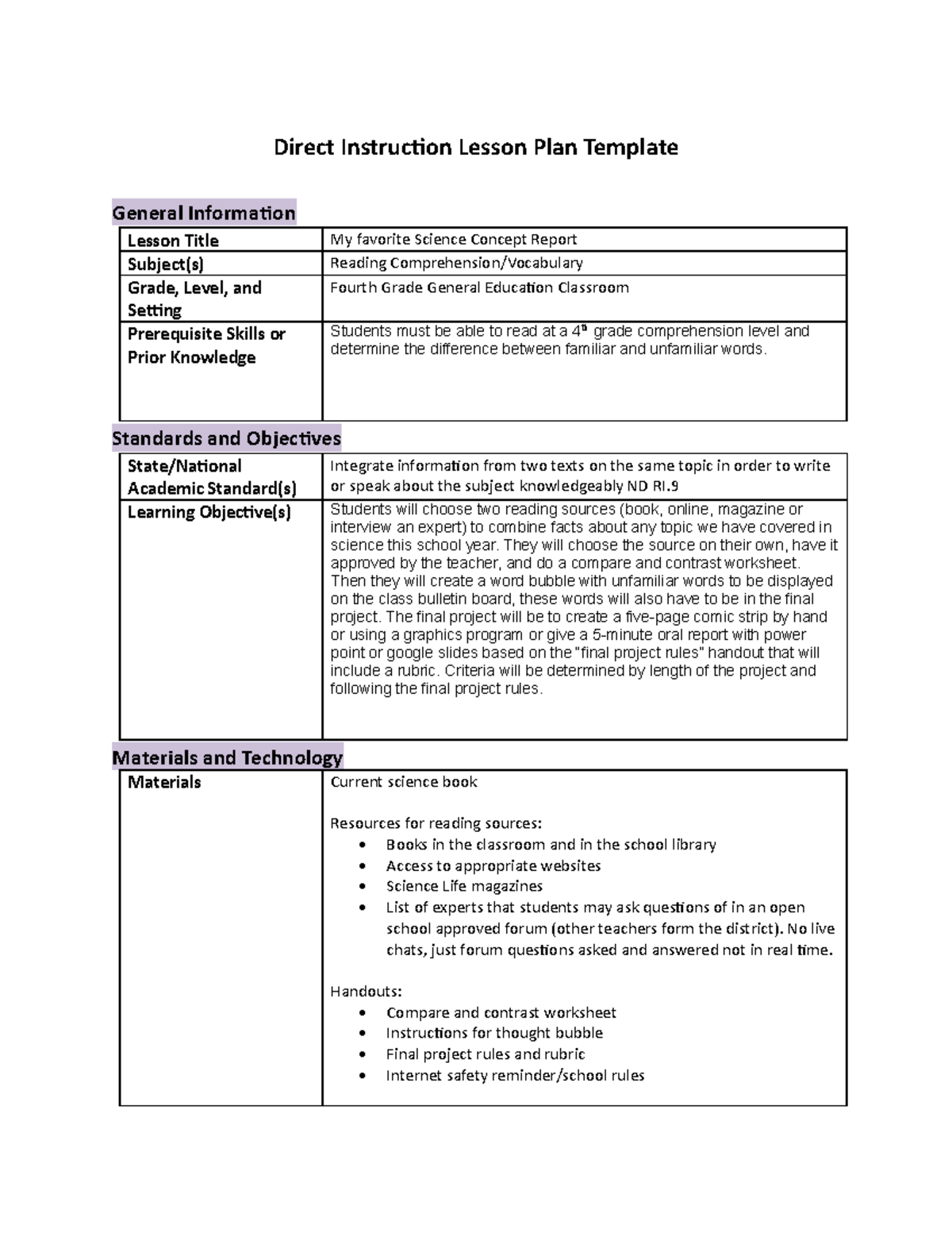 Readsing Lesson Plan Final Copy - Direct Instruction Lesson Plan 