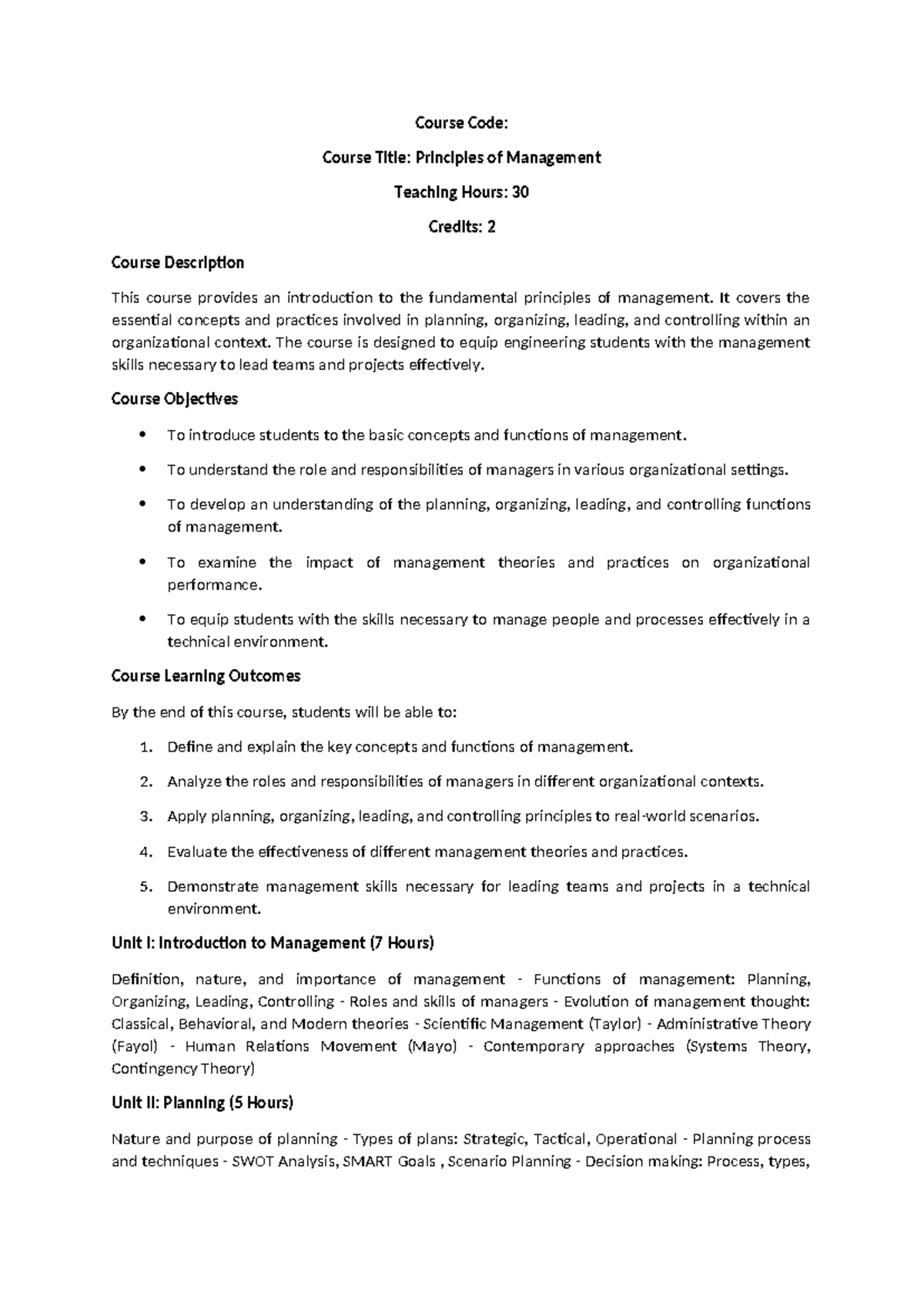 Principles of Management -BE Syllabus - Course Code: Course Title ...