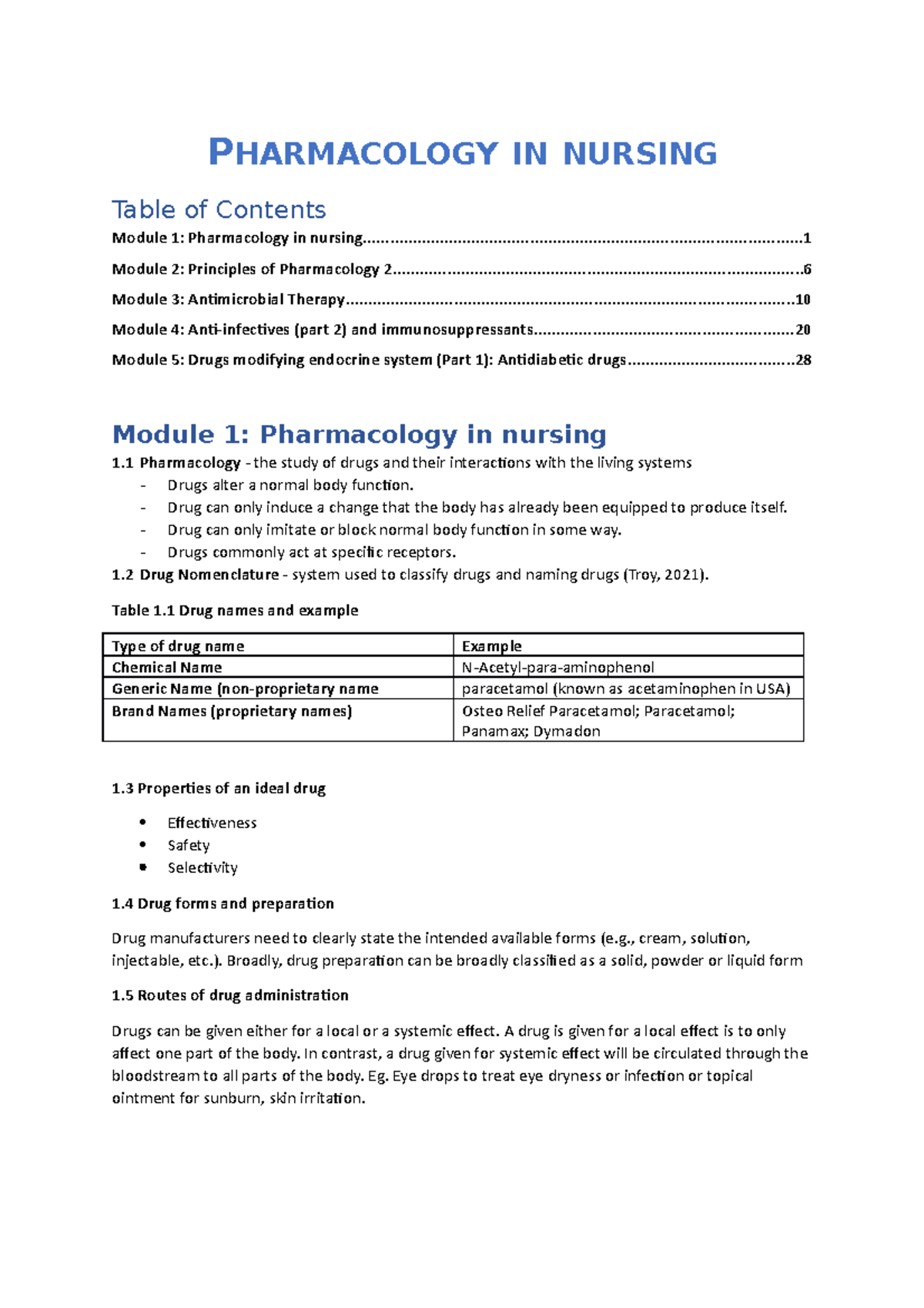 Pharmacology In Nursing 2022 Notes - PHARMACOLOGY IN NURSING Table Of ...