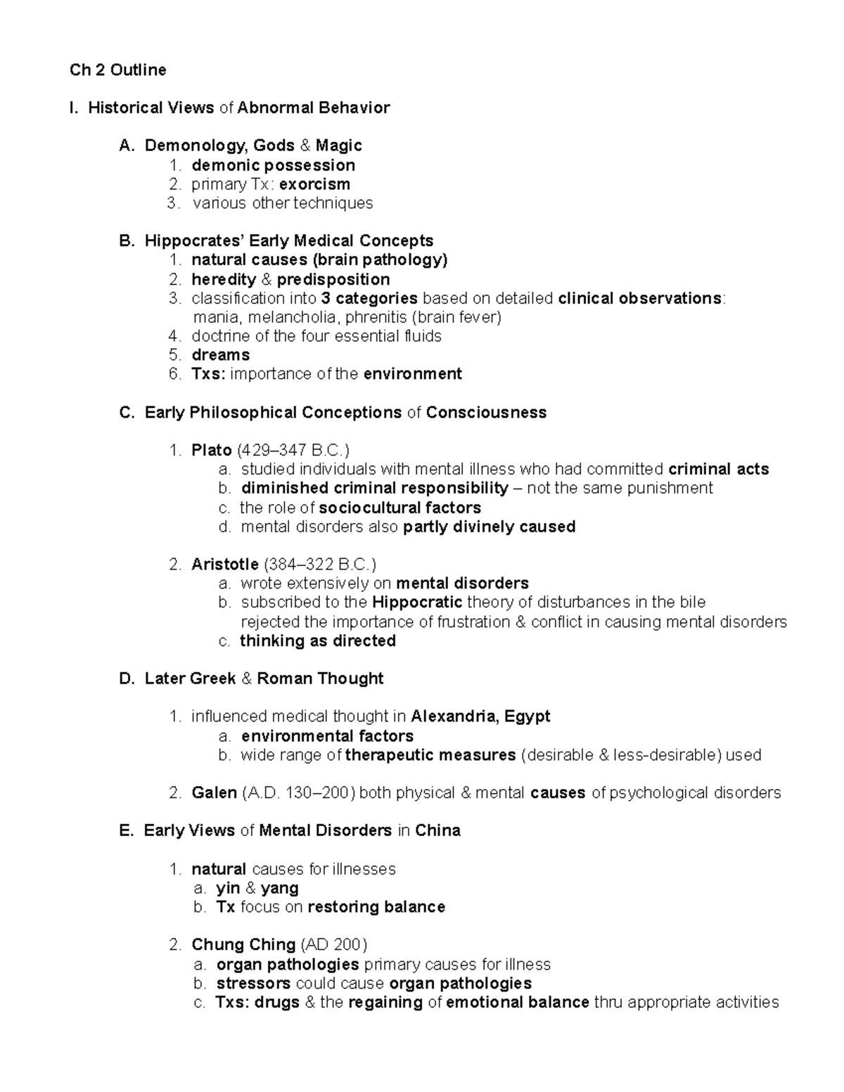 Psyc ch2 outline - Ch 2 Outline I. Historical Views of Abnormal ...