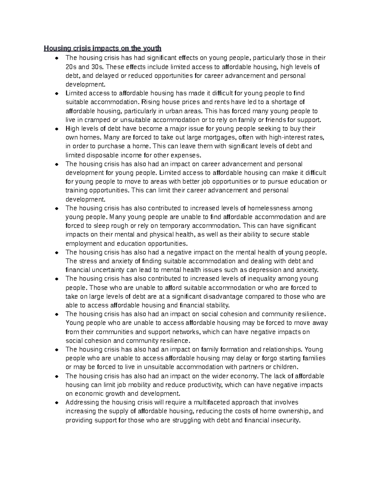 Housing crisis impacts on the youth notes Housing crisis impacts on
