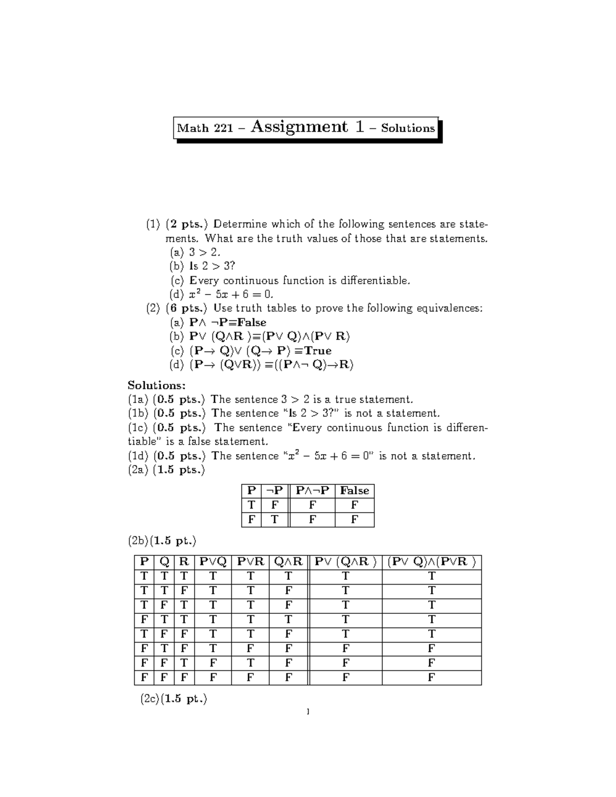 Math 221 Assignment 1 Solution - Math 221 –Assignment 1– Solutions (1 ...