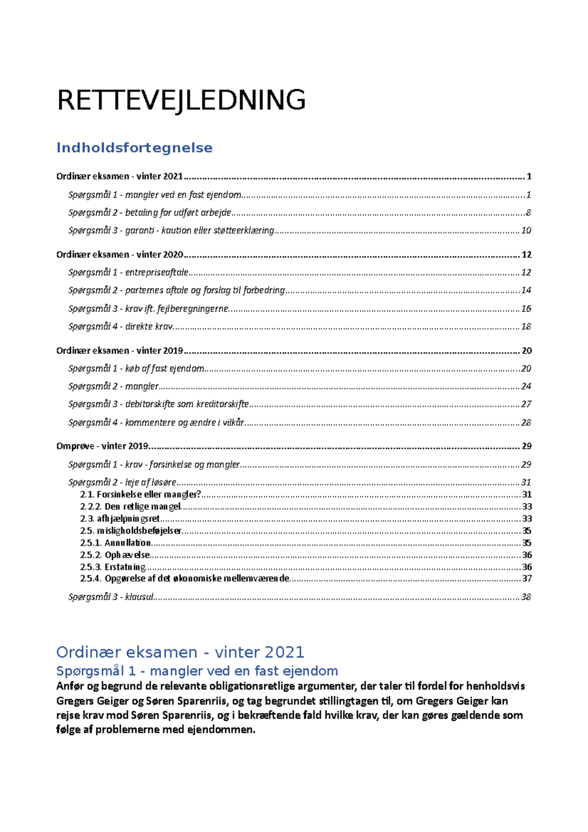 Rettevejledninger Obligationsret - RETTEVEJLEDNING Spørgsmål 1 ...