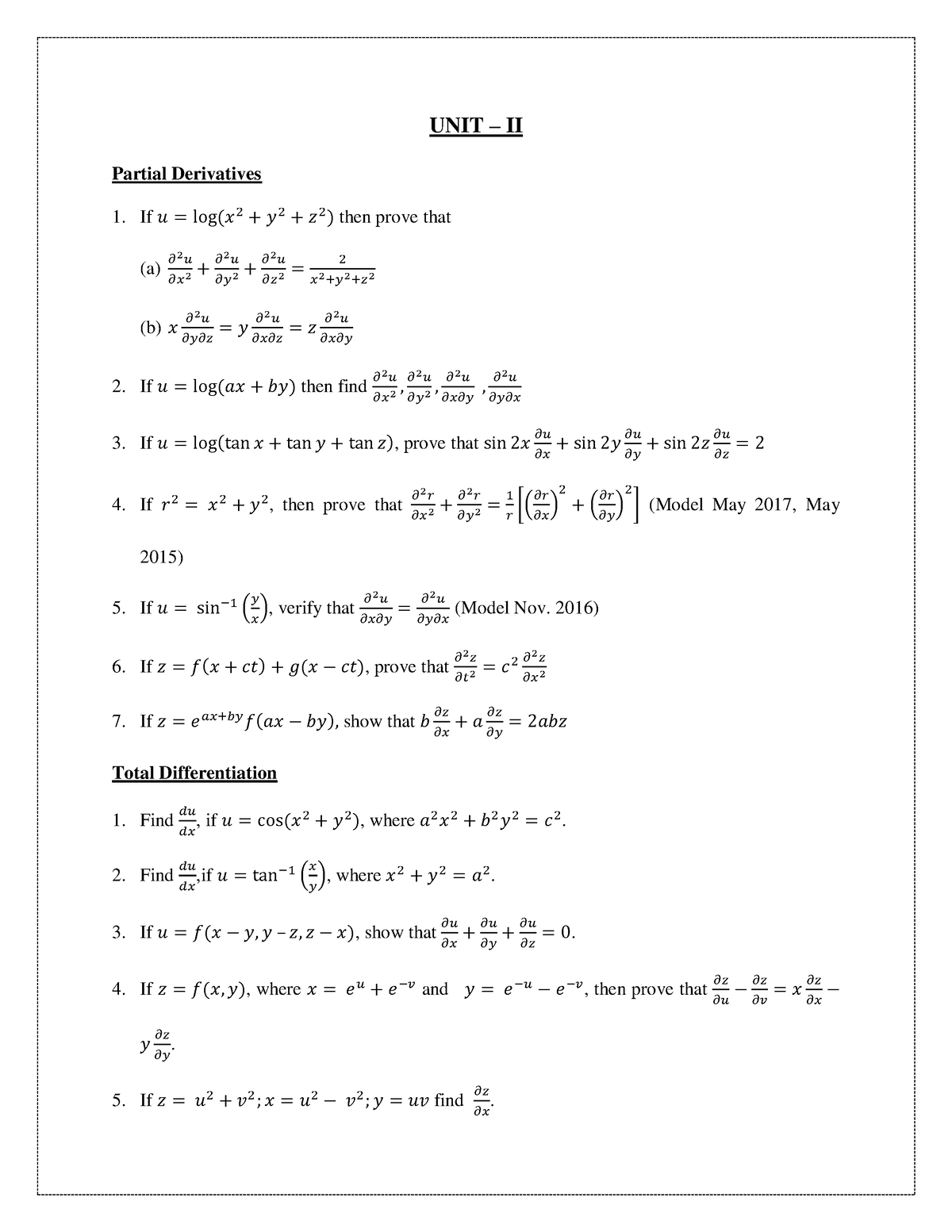 Unit 2 Of Mathematics 1 Complete Summary Unit Ii Partial Derivatives If 𝑢 Log 𝑥 2 𝑦 2 𝑧 2 Studocu