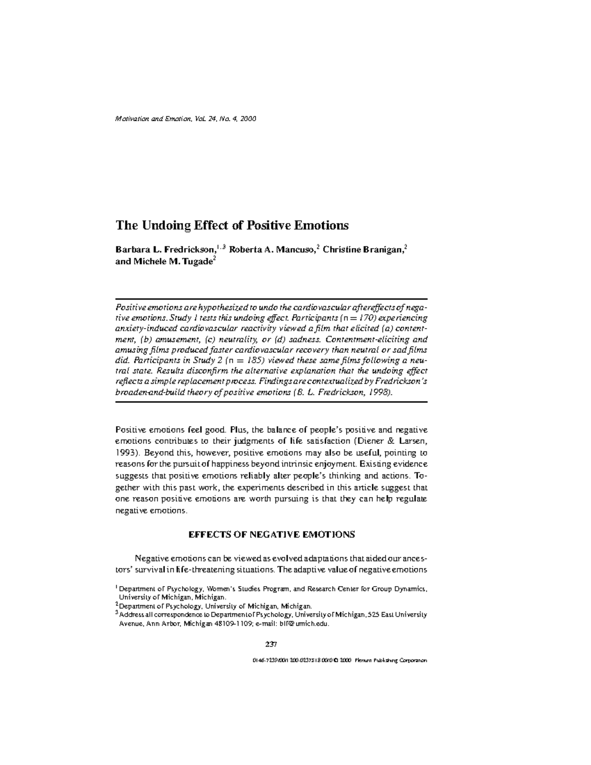 Undoing Effects of Positive Emotions Fredrickson - Motivation and ...