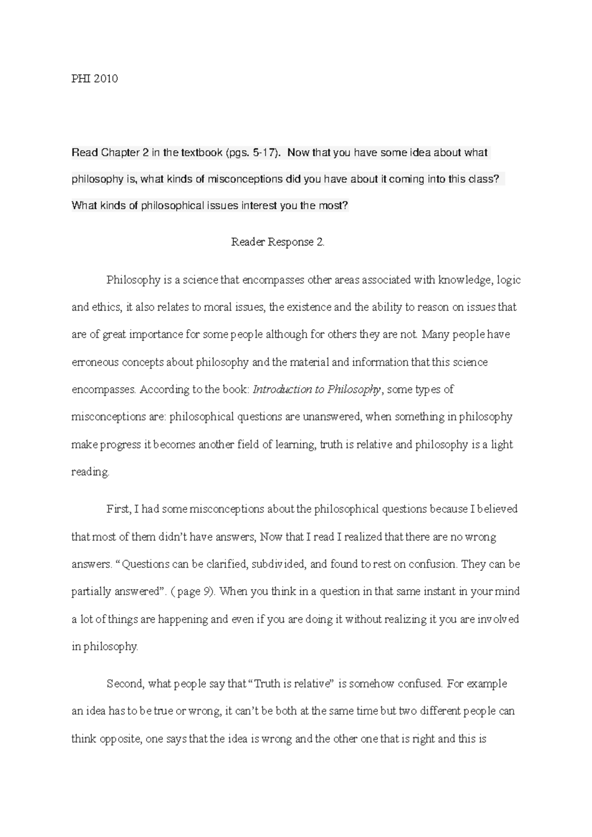 PHI 2010 Reader Response - PHI 2010 Read Chapter 2 in the textbook (pgs ...