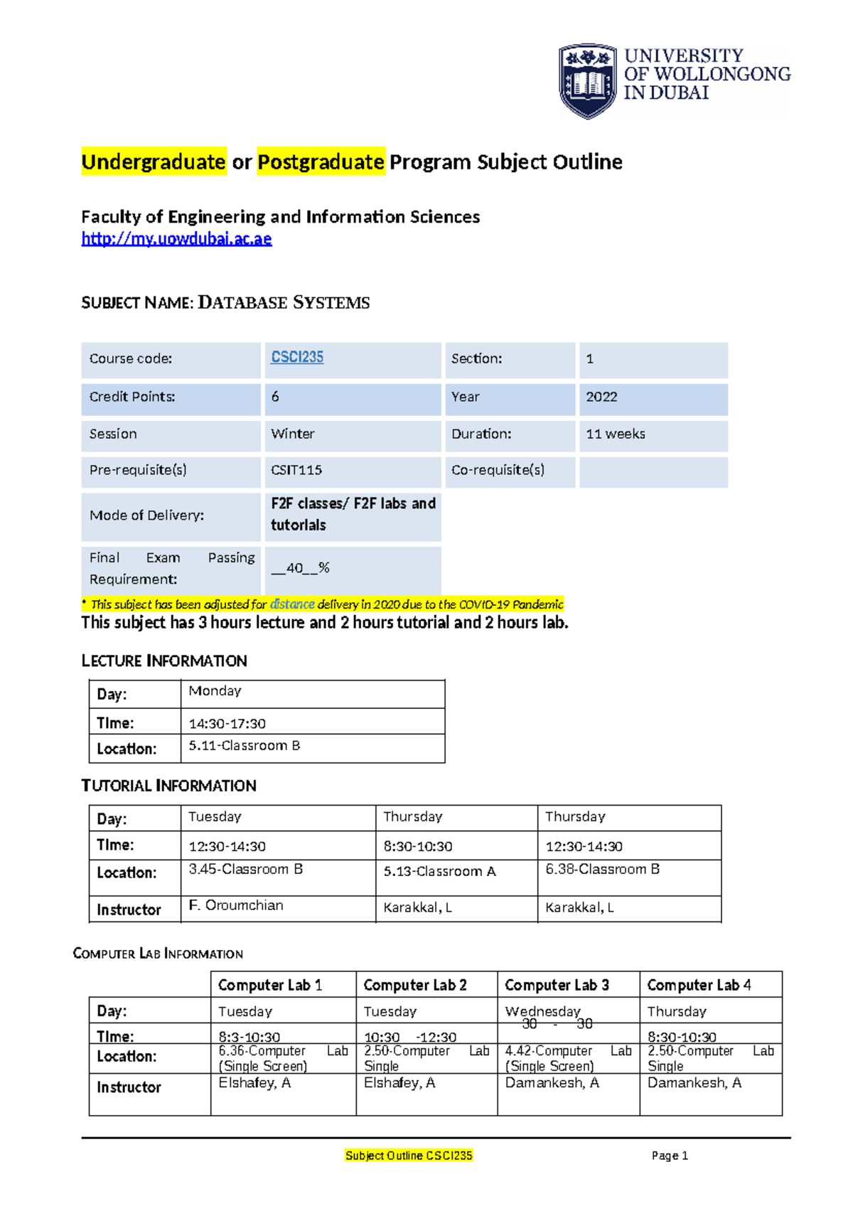 CSCI235 Subject Outline Winter 2022v1 - Undergraduate or Postgraduate ...