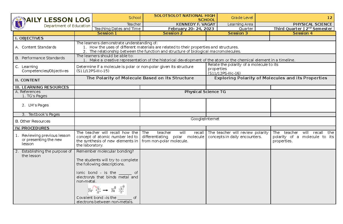 Dll Physical Science 1 Week 2 Quarter 3 - DAILY LESSON LOG Department ...