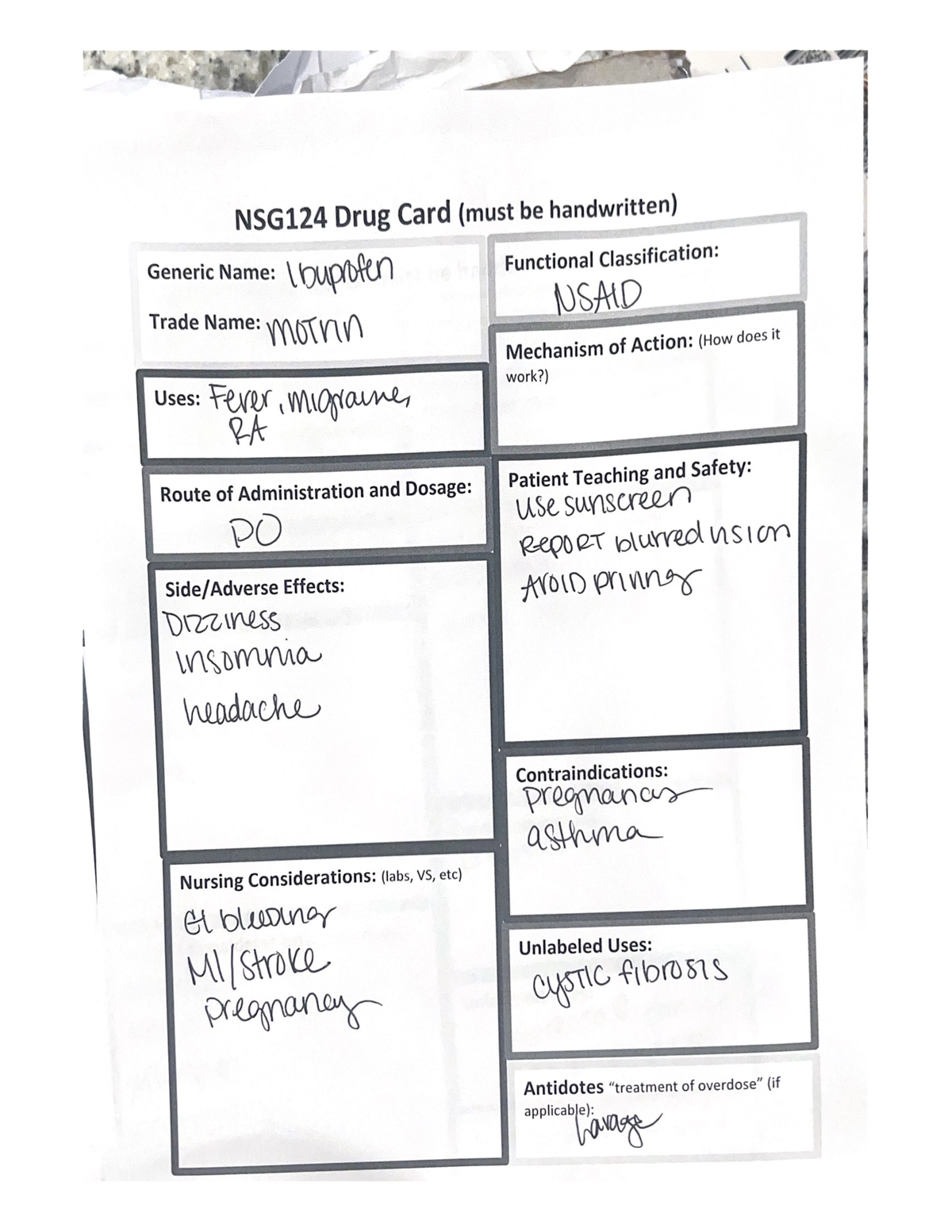 NSG124 Drug Card (must Be Handwritten) - NSG 124 - Studocu