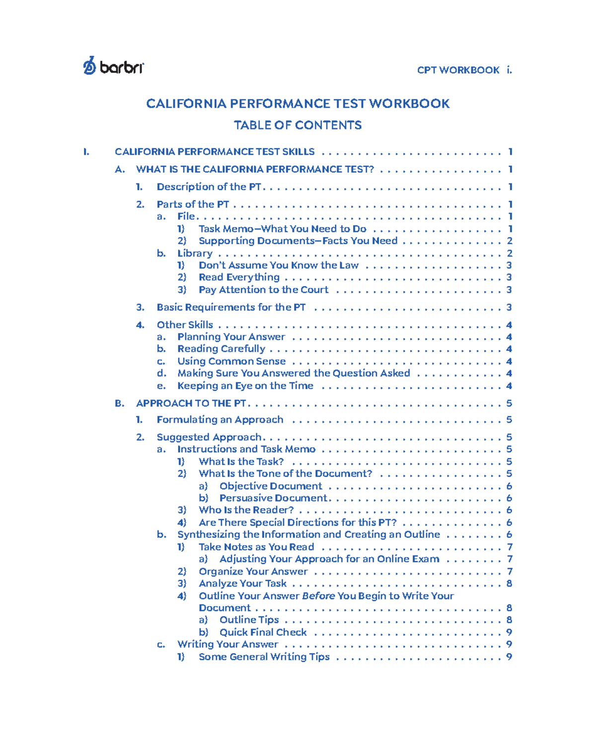 CPT 2 Table of Contents - NY bar exam - CPT WORKBOOK i. CALIFORNIA ...