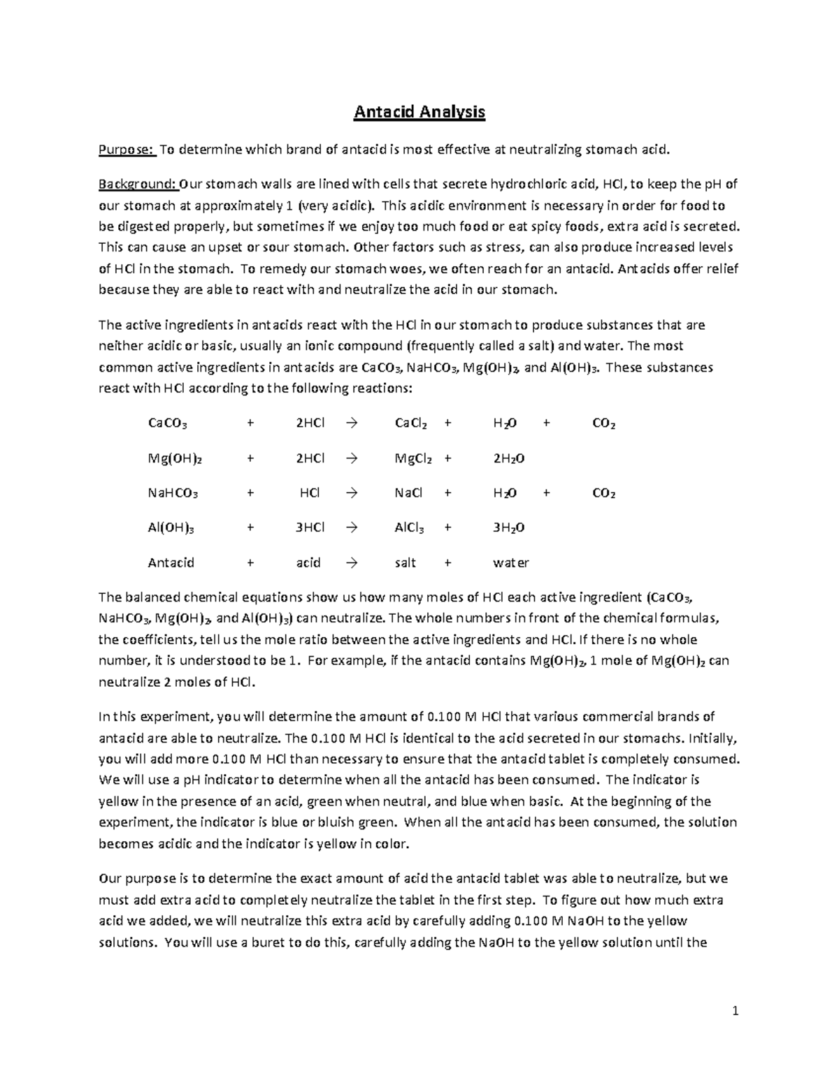 10 Antacid Analysis sp18 Antacid Analysis Purpose To determine which