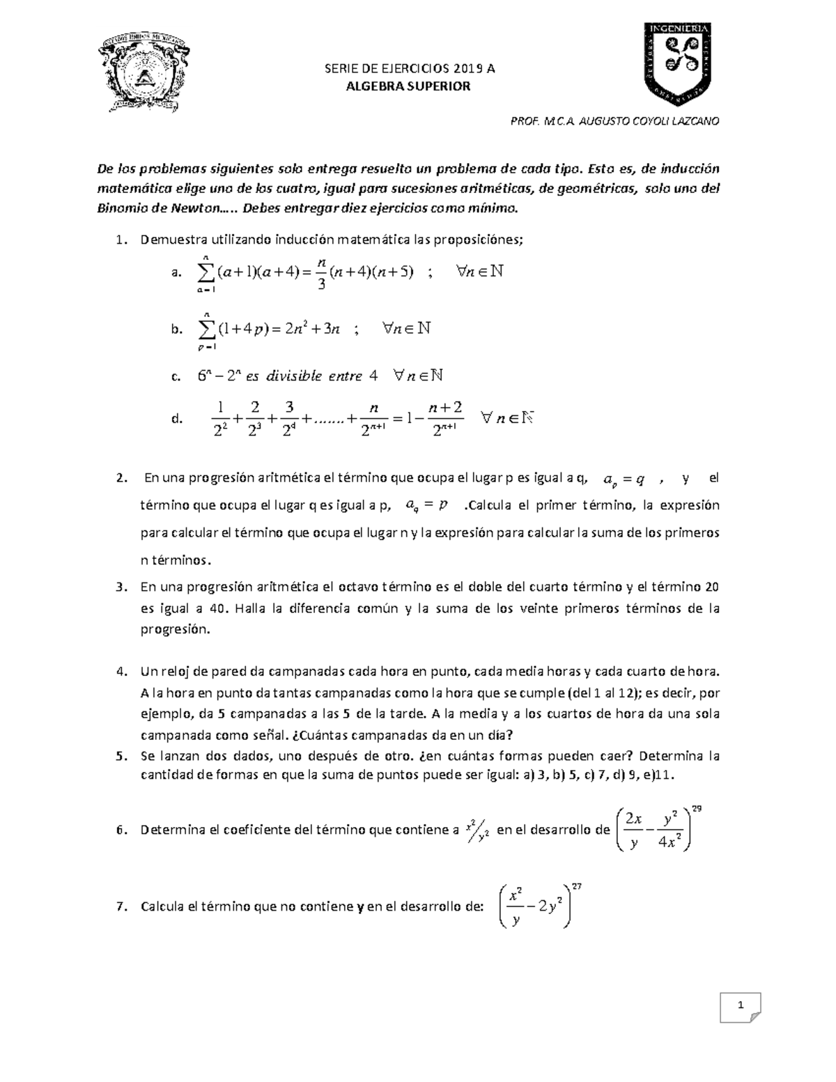 Serie Final De Algebra Superior 2019 A - SERIE DE EJERCICIOS 2019 A ...