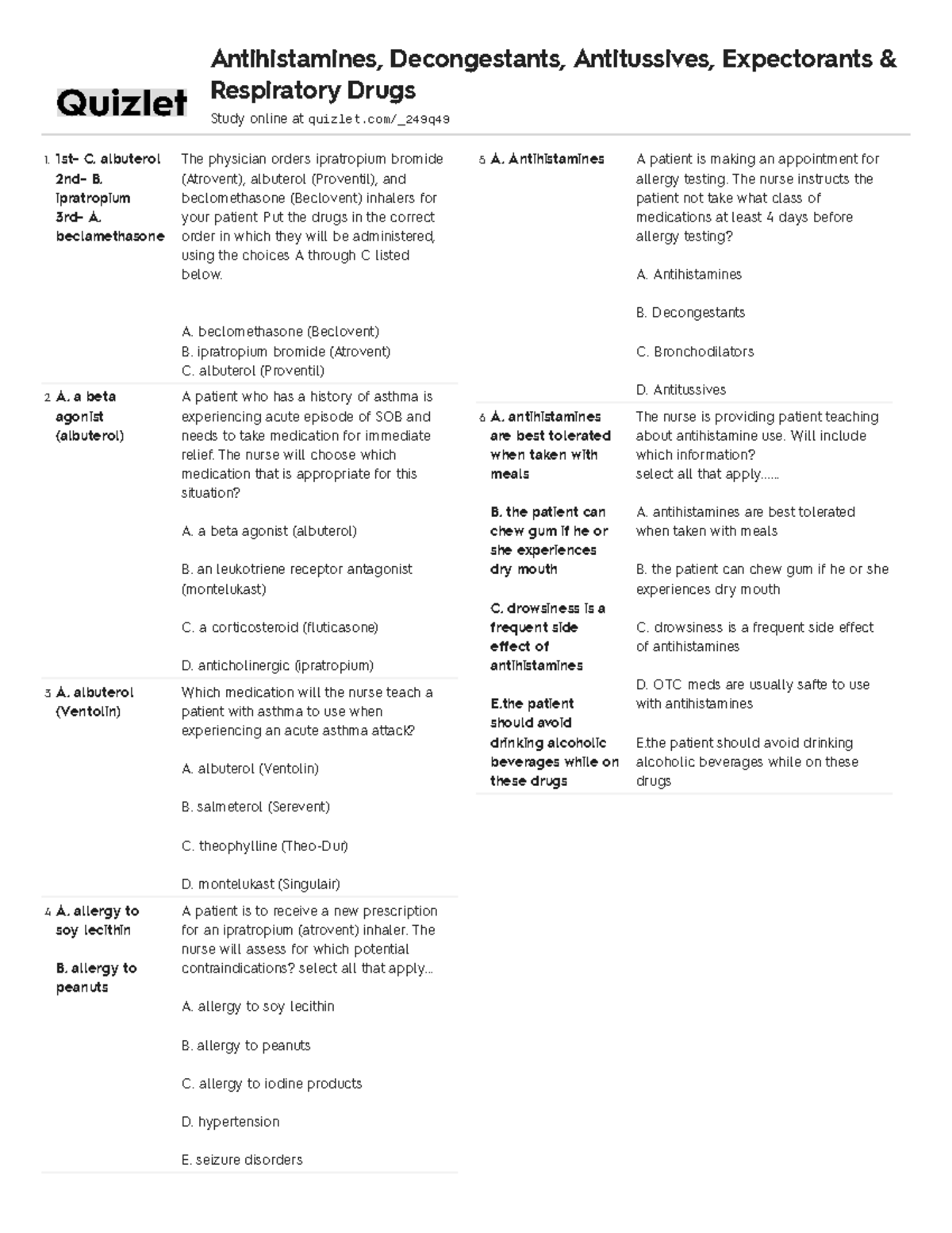 Quizlet Antihistamines, Decongestants, Antitussives, Expectorants