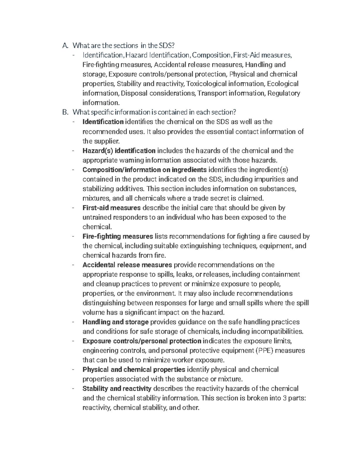 Chem Safety Lab notes - A. What are the sections in the SDS ...