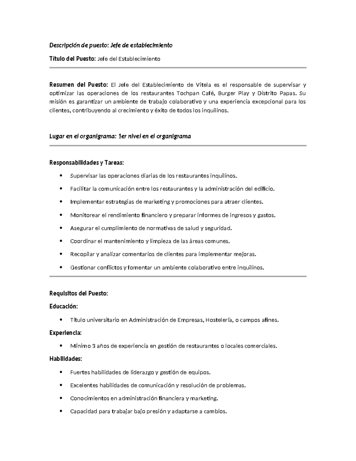Descripción de puesto y perfil de puesto jefe del establecimiento y ...