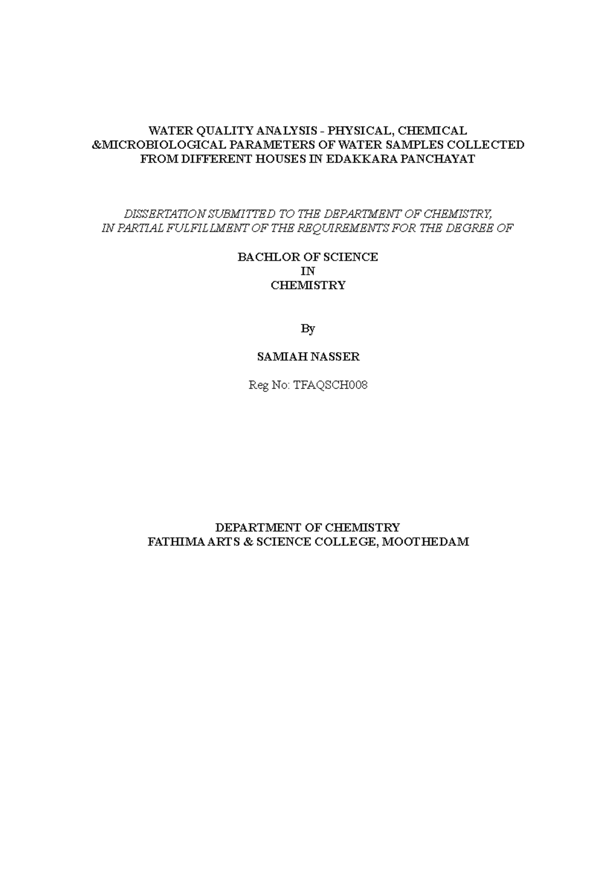 Water analysis project reprt (1) Fathima college WATER QUALITY