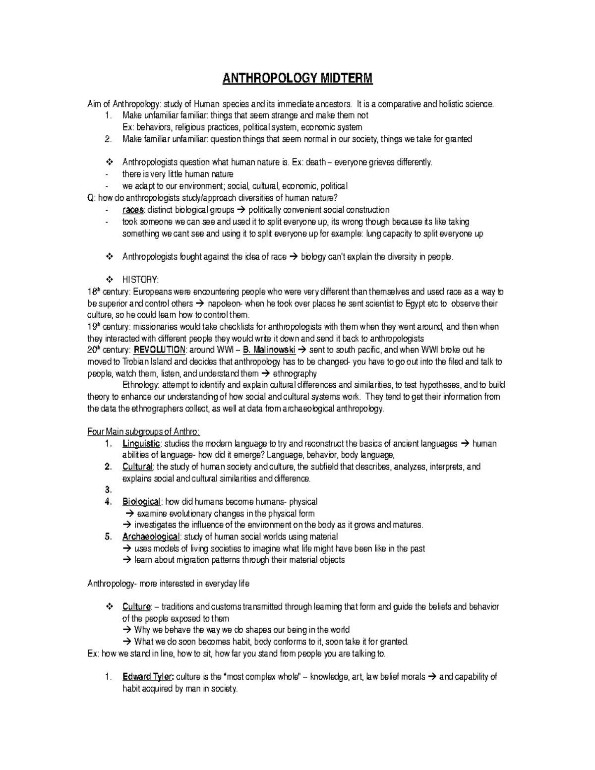 Anthro review - ANTHROPOLOGY MIDTERM Aim of Anthropology: study of ...
