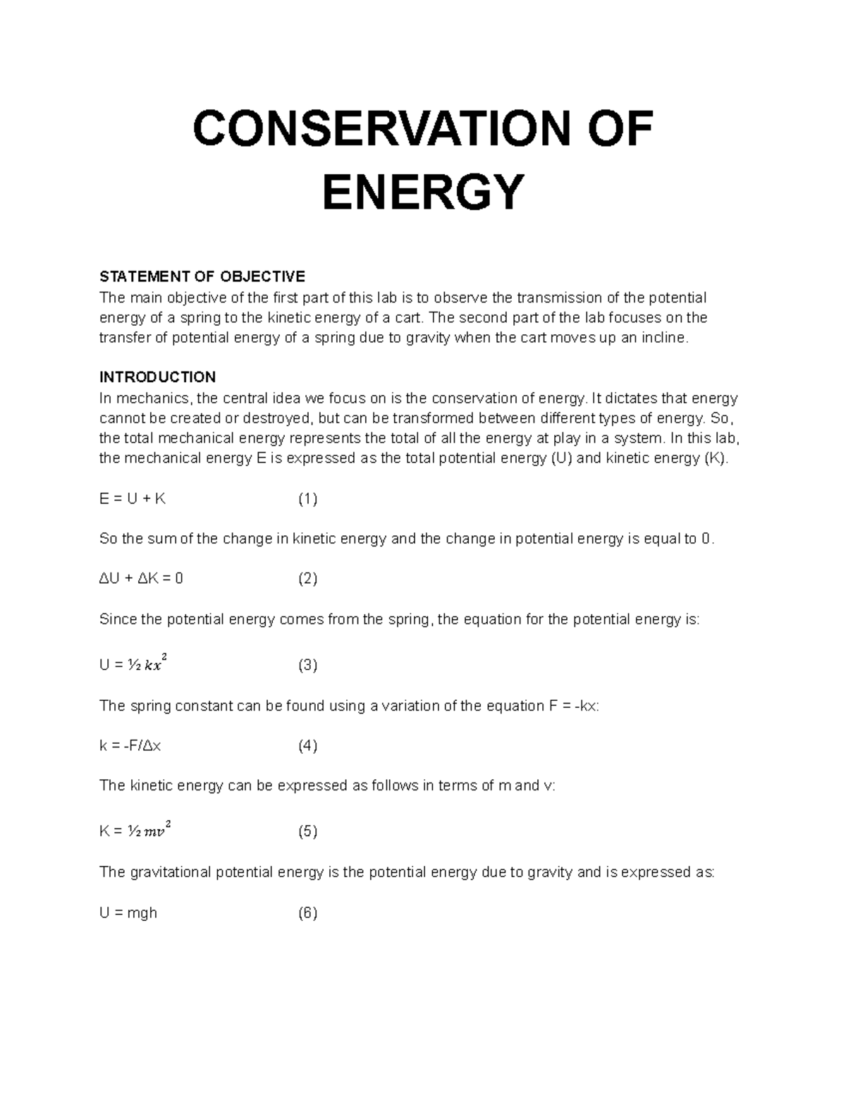 Phys 123 Lab 7 Laboratory Answers And Data Conservation Of Energy Statement Of Phys 123 Lab 7 Laboratory Answers And Data Conservation Of Energy Statement Of