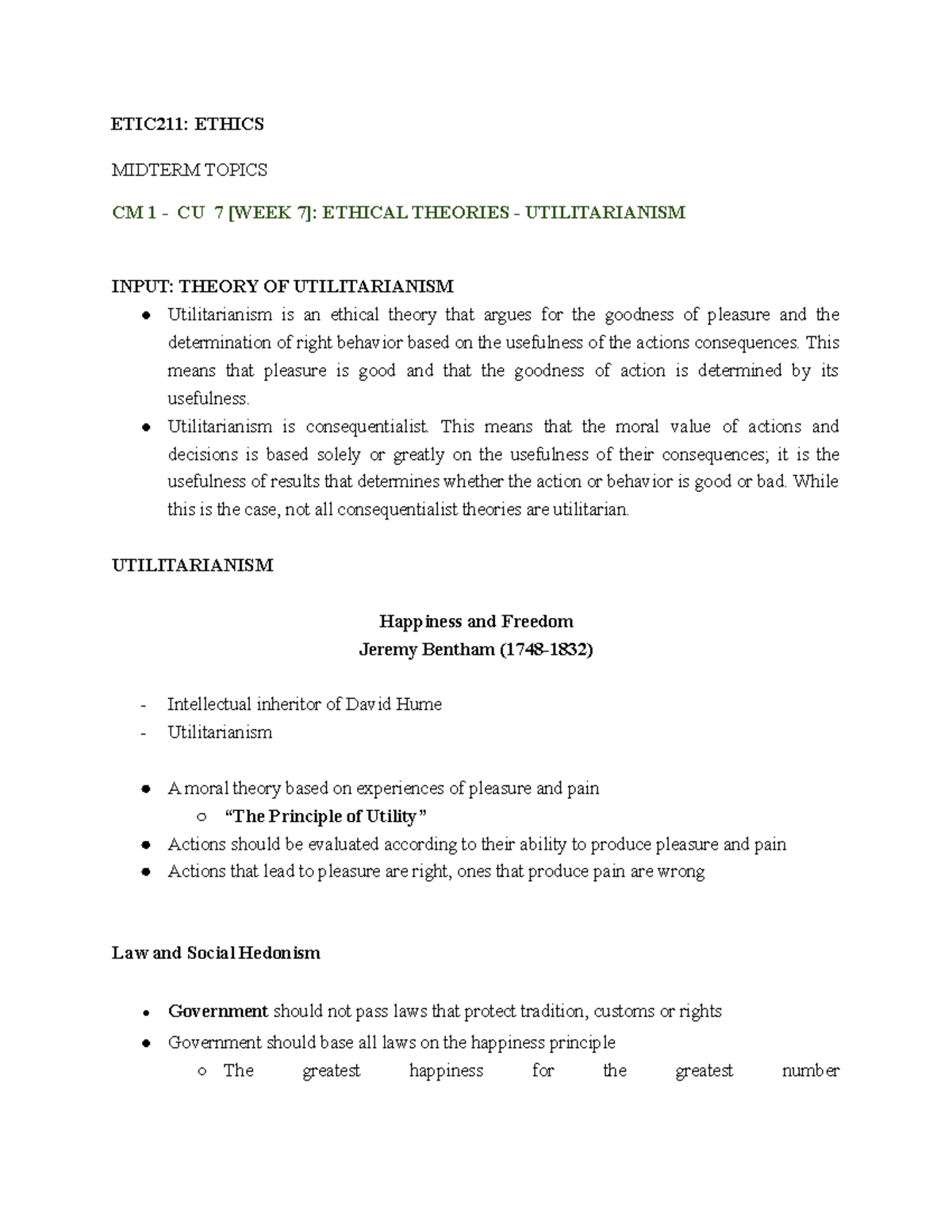 Ethics Midterm Topics - Lecture notes 2 - ETIC211: ETHICS MIDTERM ...