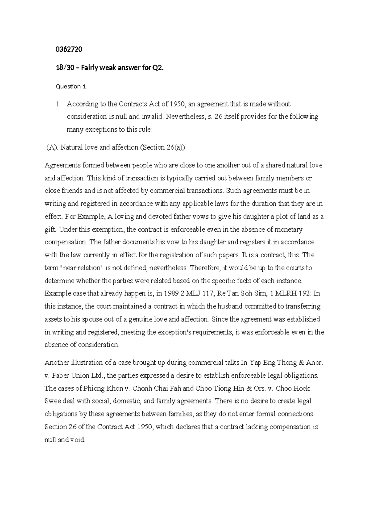 BusLAw Assignment - 0362720 18/30 – Fairly weak answer for Q2. Question ...