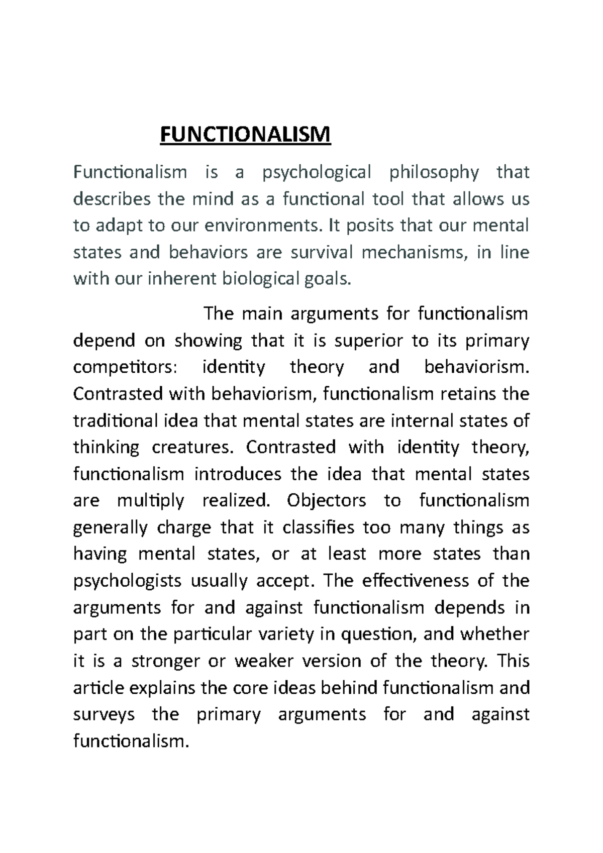 Chapter 7 Functionalism FUNCTIONALISM Functionalism is a
