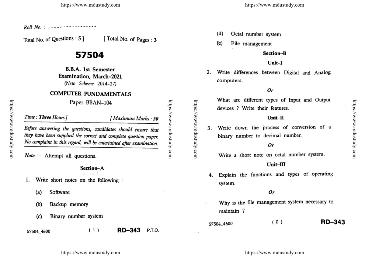 Bba 1 Sem Computer Fundamentals 57504 Mar 2021 - B.arch - Studocu