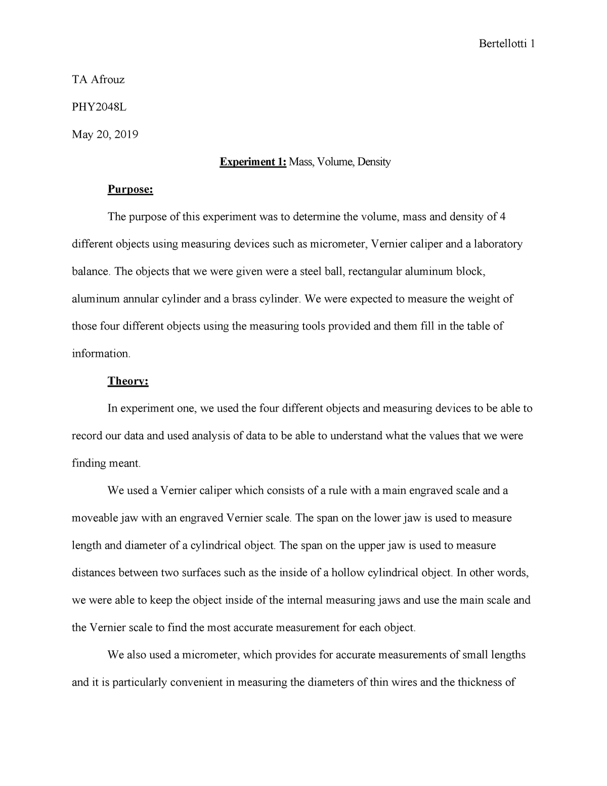 Physics 1 Lab Report 1 Bertellotti 1 Ta Afrouz Phy2048l May 20 2019 Experiment 1 Mass 5787