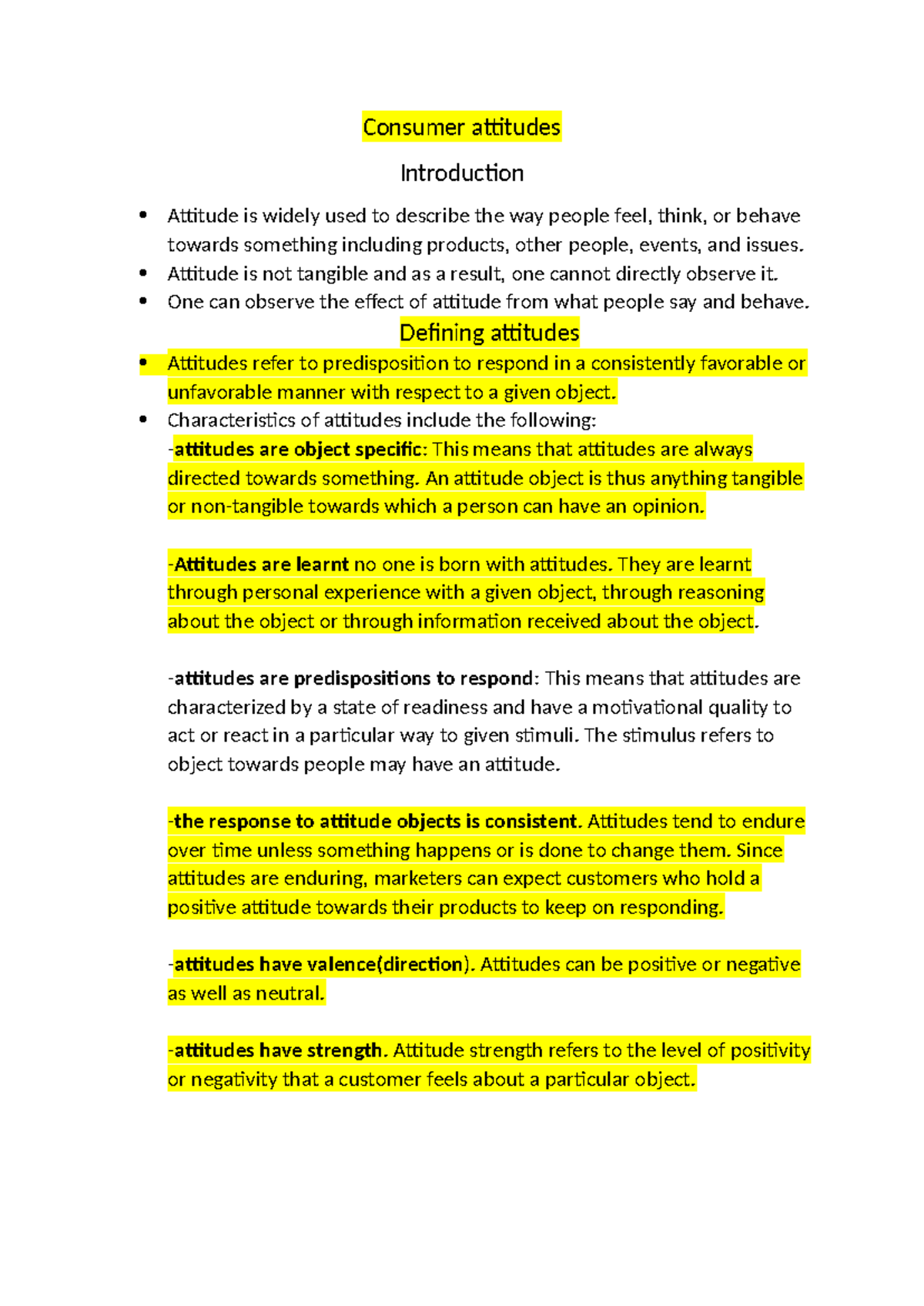 Chapter 6 - notes - Consumer attitudes Introduction Attitude is widely ...