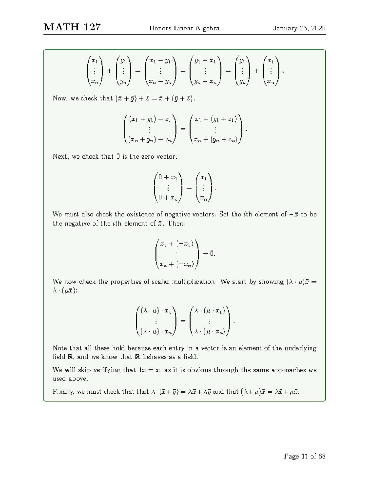 MATH 235-11 - Lecture notes 11 - MATH 127 Honors Linear Algebra January ...