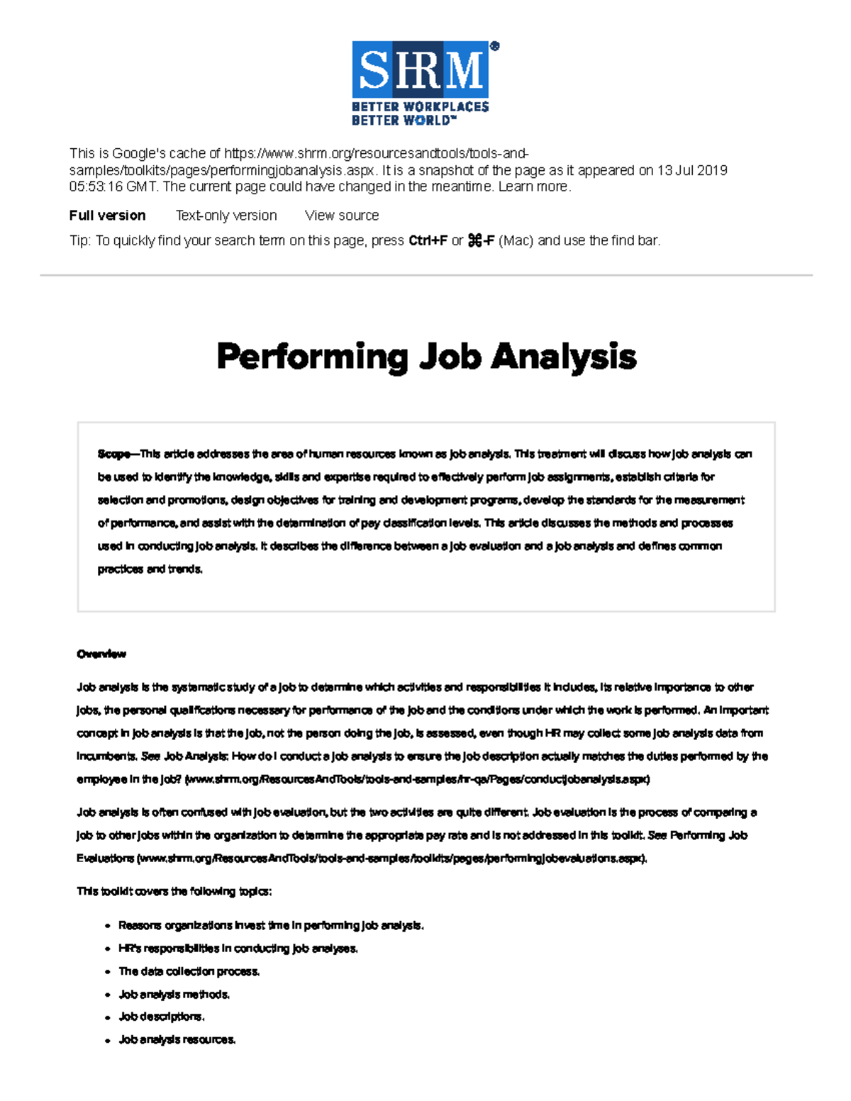 Performing Job Analysis This is Google's cache of shrm