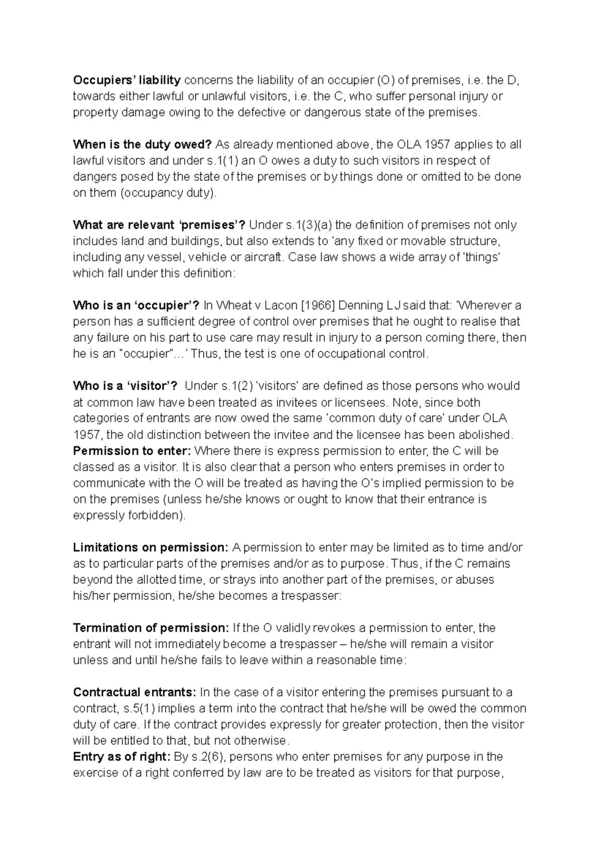Occupiers - Equity and Trusts - Occupiers’ liability concerns the ...