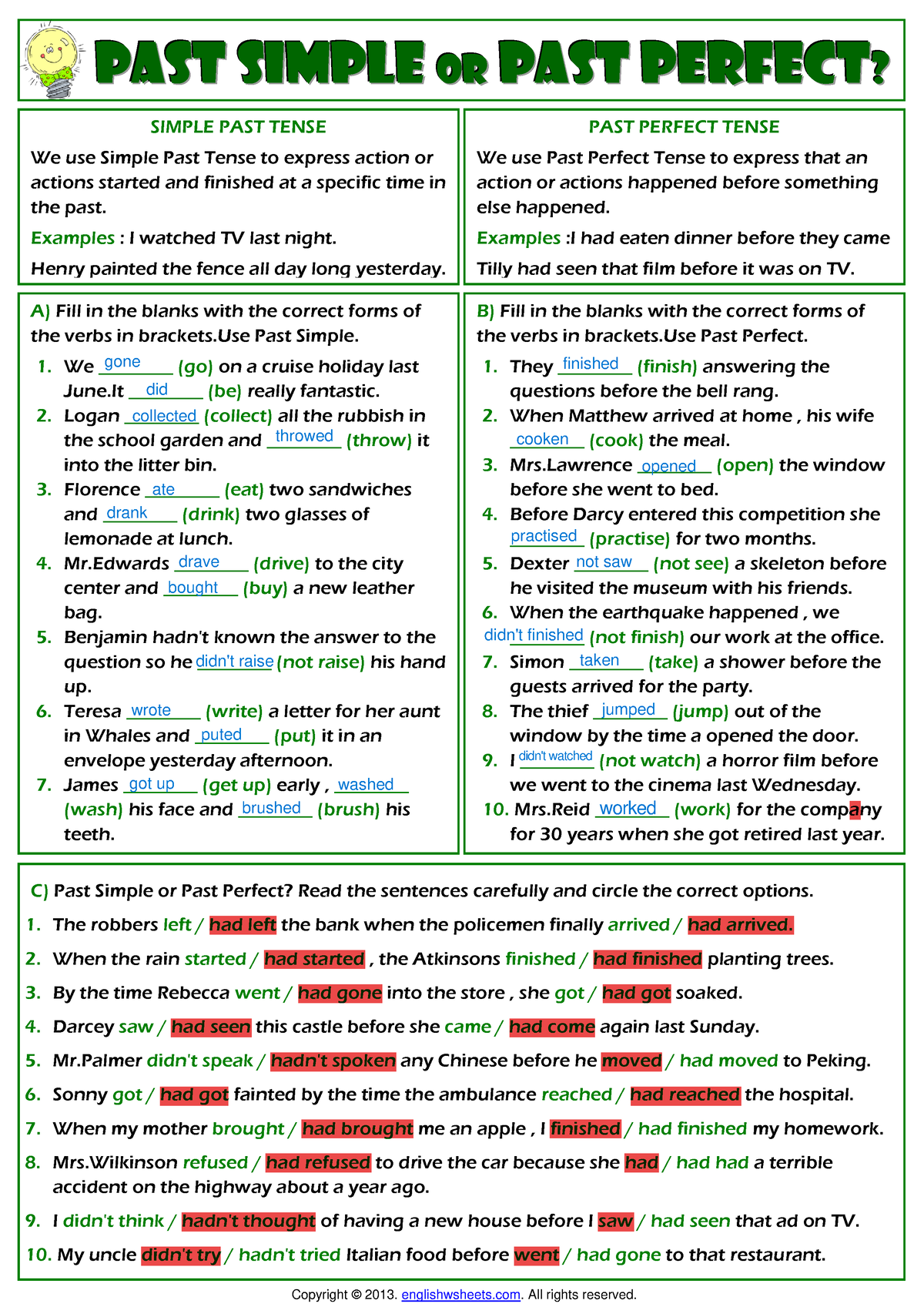 Simple past or past perfect tense - key - PPPAAASSSTTT ...