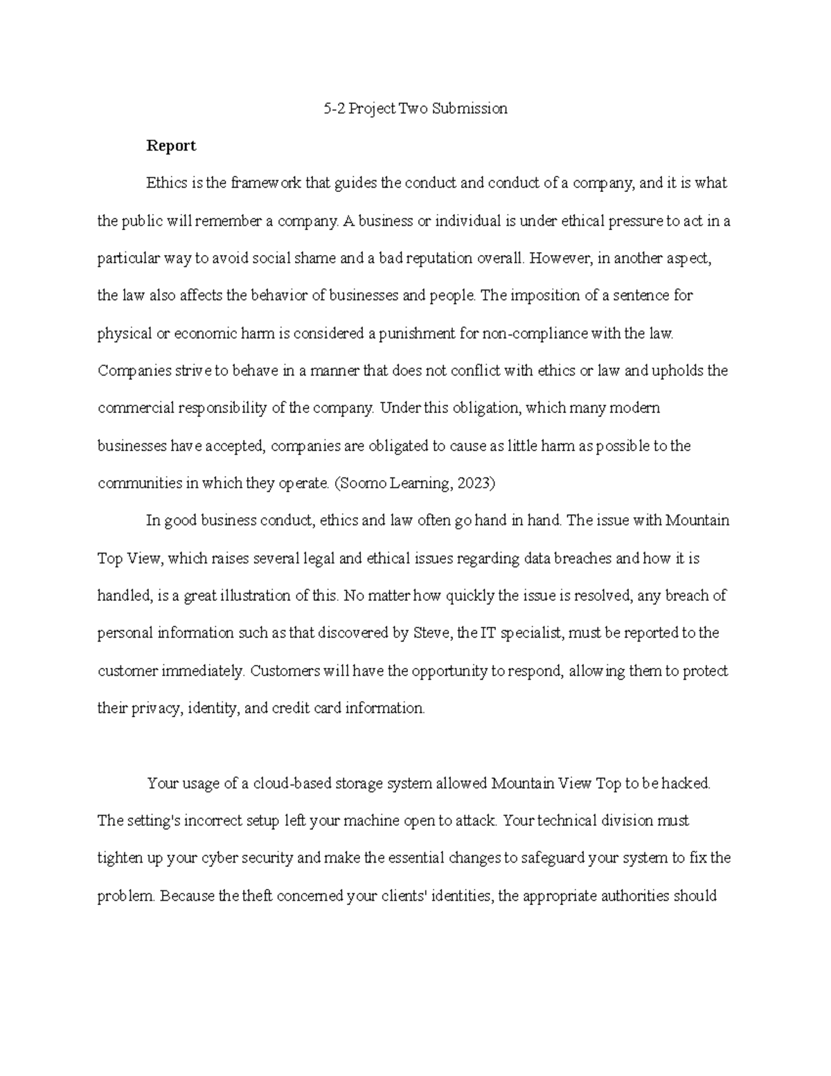 BUS-206 5-2 Project Two - 5-2 Project Two Submission Report Ethics is ...