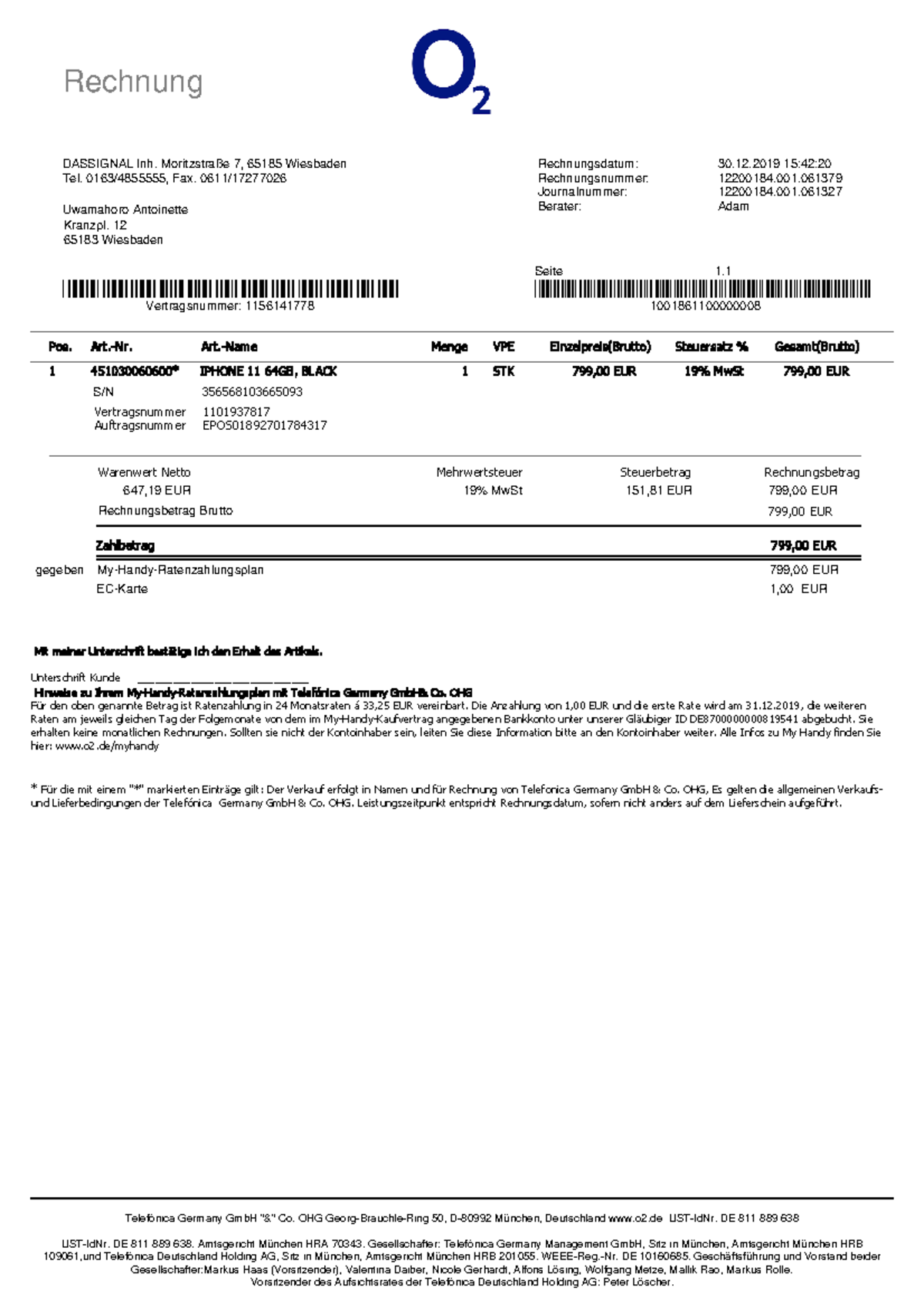 Telefonica Germany invoice i Phone 11 Black - Rechnung Seite 1 ...