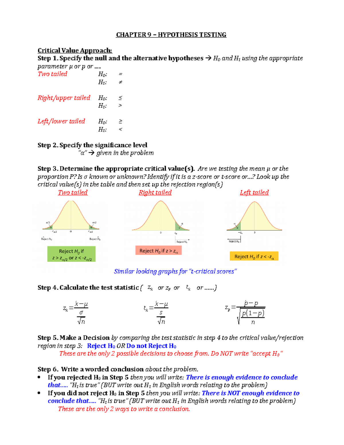 Ch 9 steps for hypothesis testing - CHAPTER 9 – HYPOTHESIS TESTING 