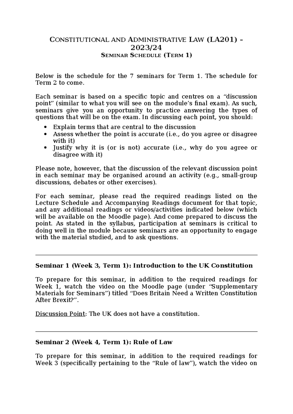 Constitutional and Administrative Law - Seminar Schedule (Term 1 ...