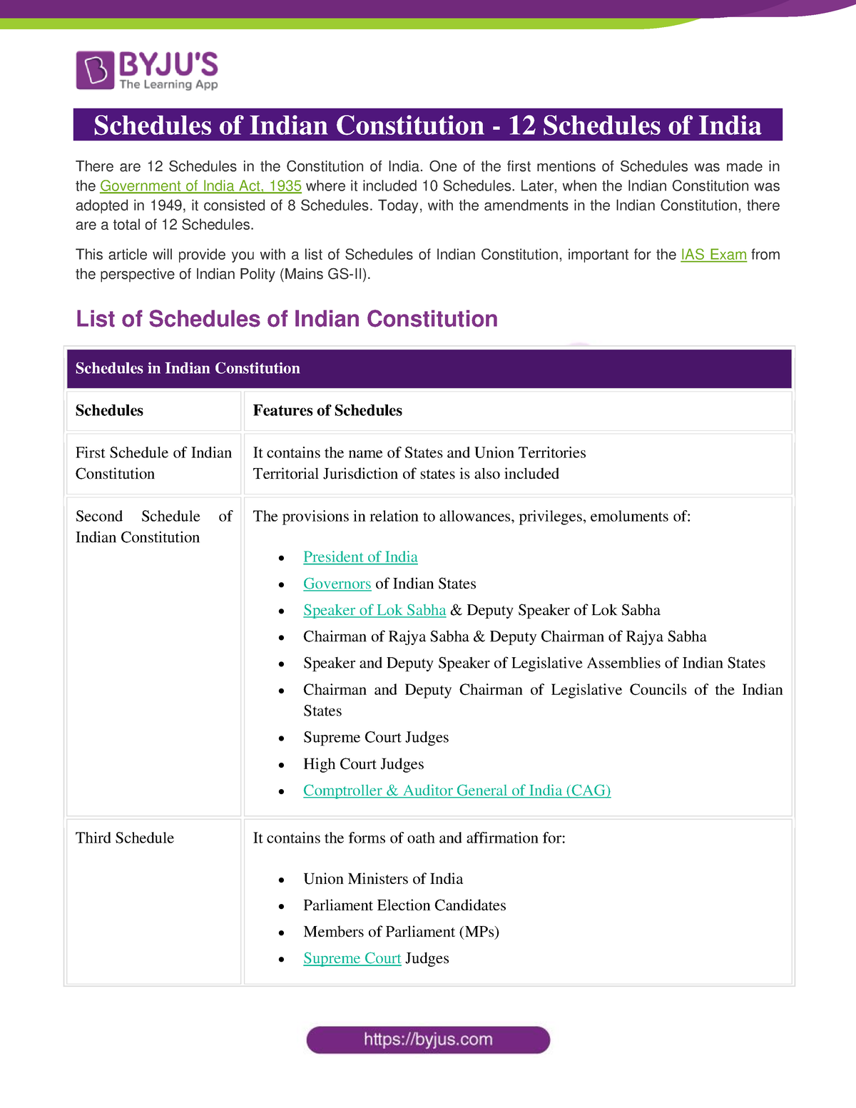 Schedules Of Indian Constitution One Of The First Mentions Of Schedules Was Made In The