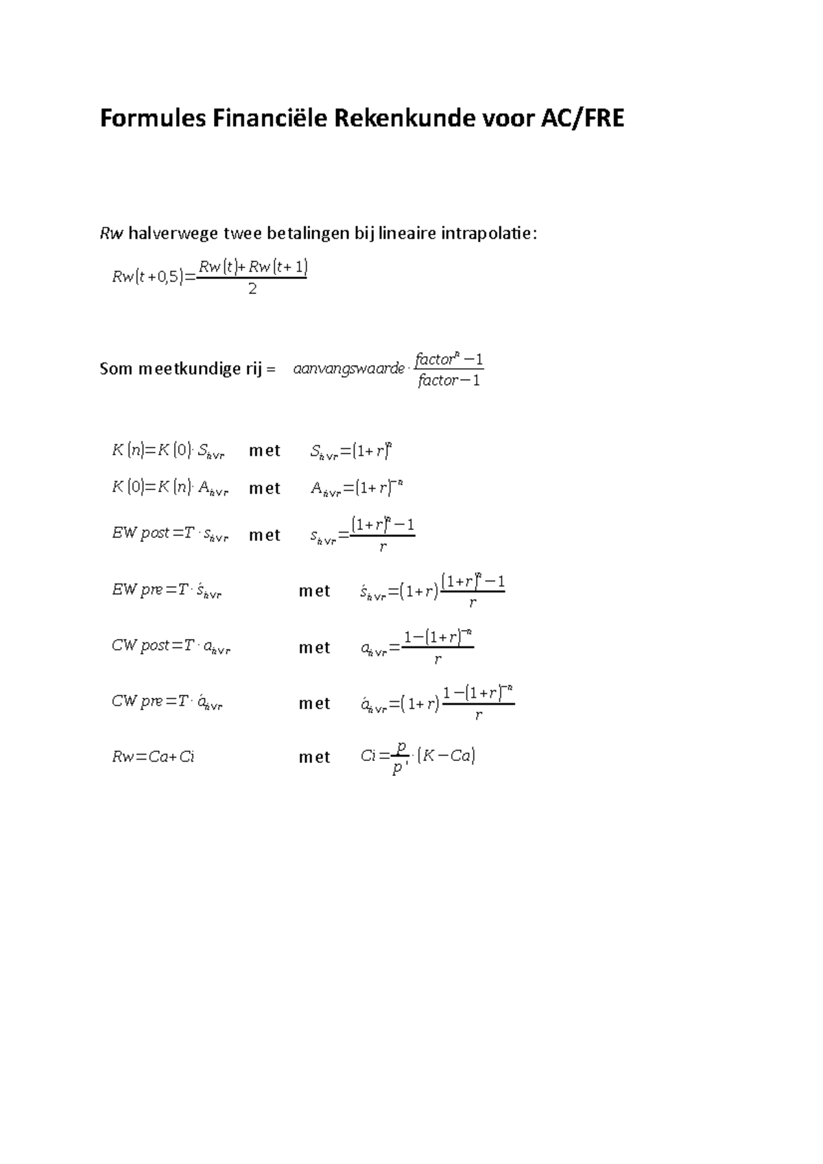 Formuleblad DLWO - College-aantekeningen 1 - Formules Financiële ...