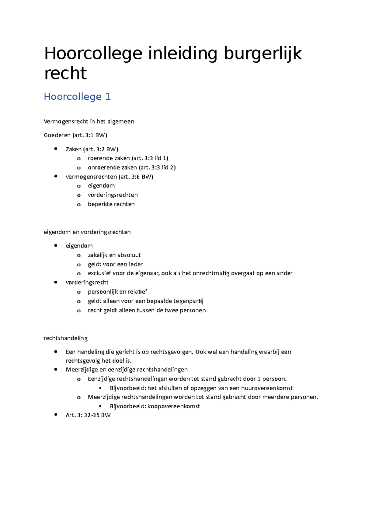 Samenvatting Inleiding Burgerlijk Recht Week 1 T/m 6 - Hoorcollege ...