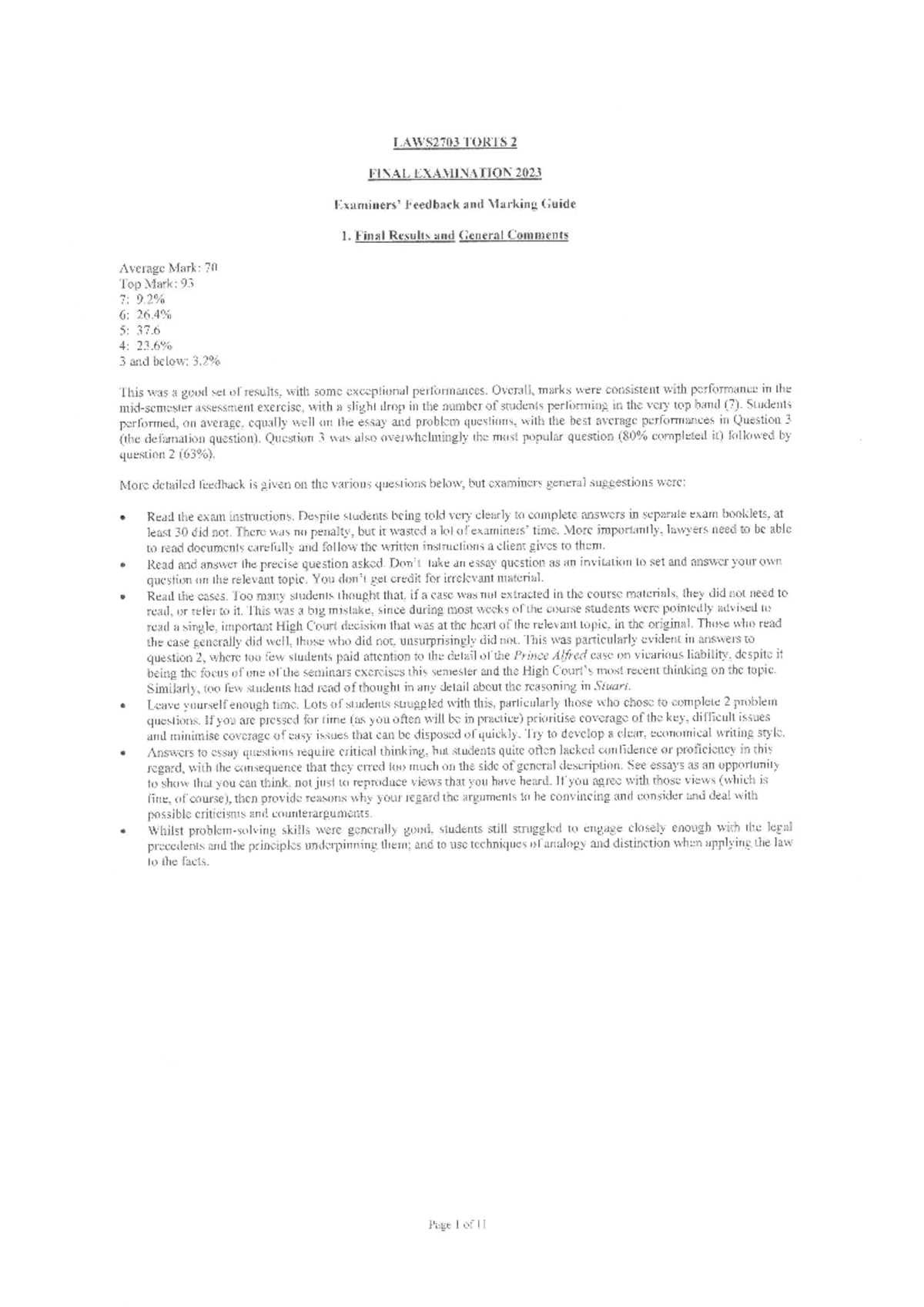 LAWS2703 S2 2023 Final Exam Feedback - LAWS2703 TORTS 2 FINAL ...