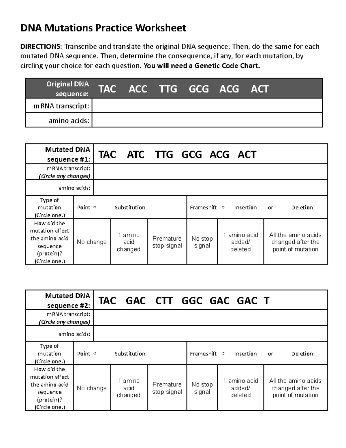 DNA Mutations Practice Worksheet DNA Mutations Practice Worksheet