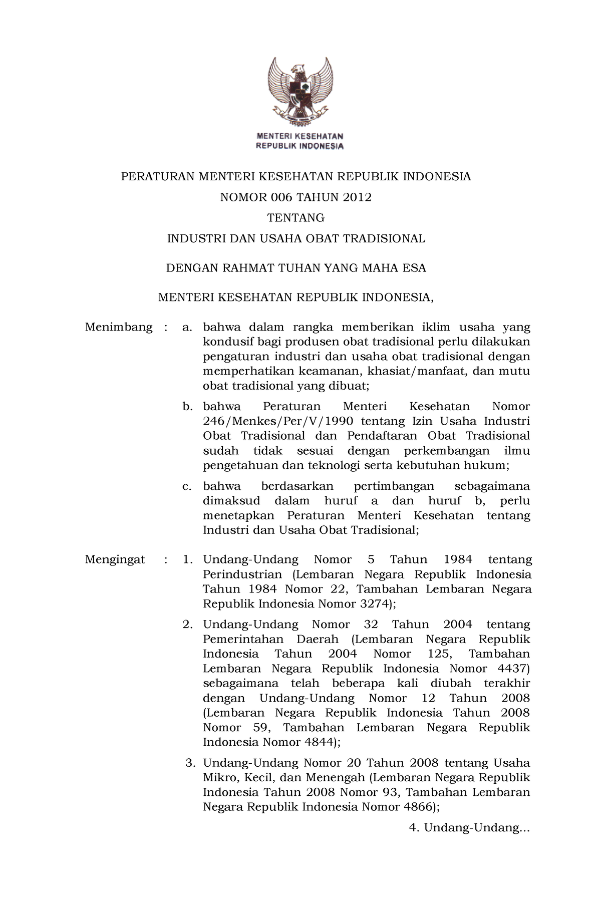 Permenkes Nomor 6 Tahun 2012 - PERATURAN MENTERI KESEHATAN REPUBLIK ...